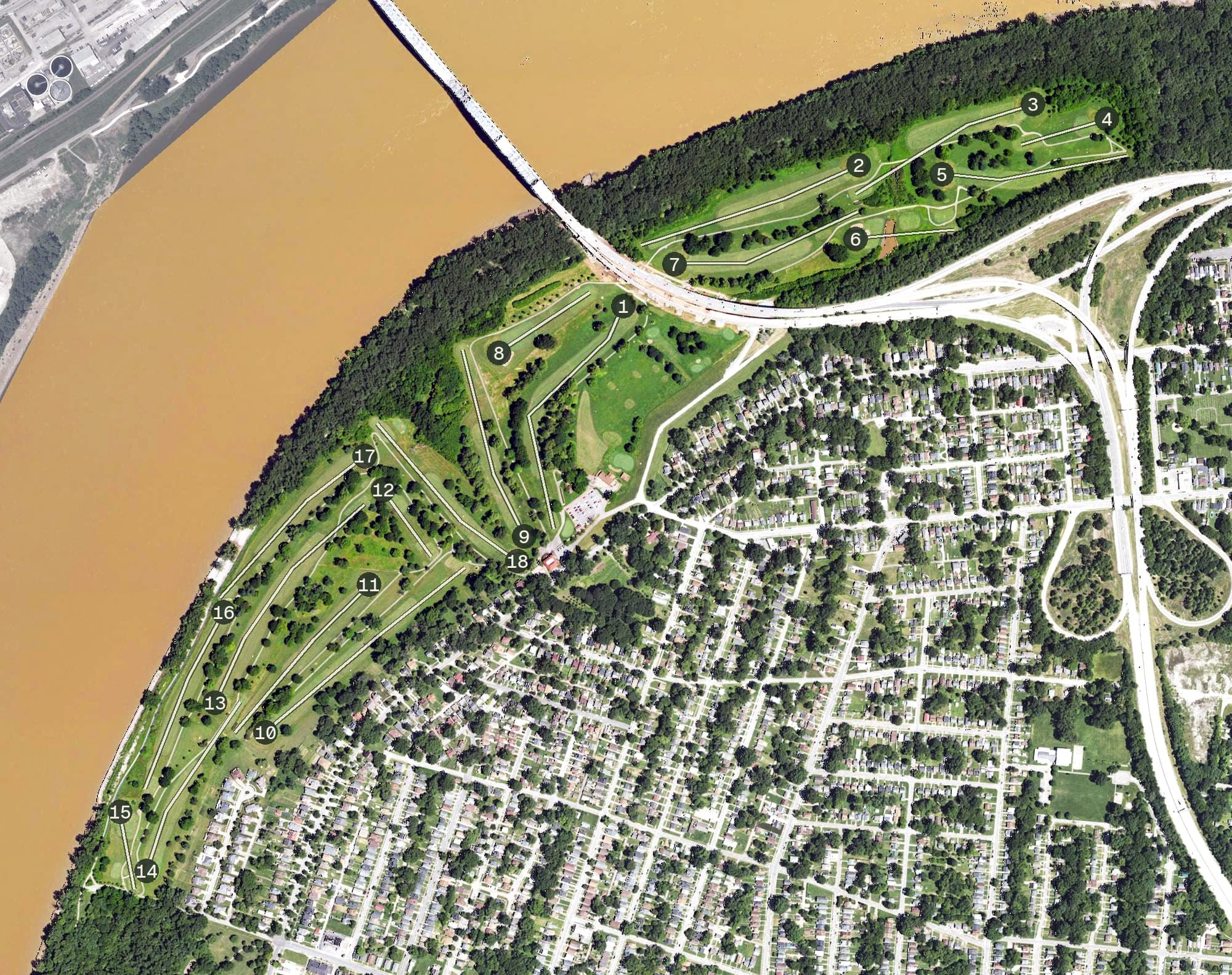 Aerial view of Shawnee Golf Course, KY, with its hole routing marked