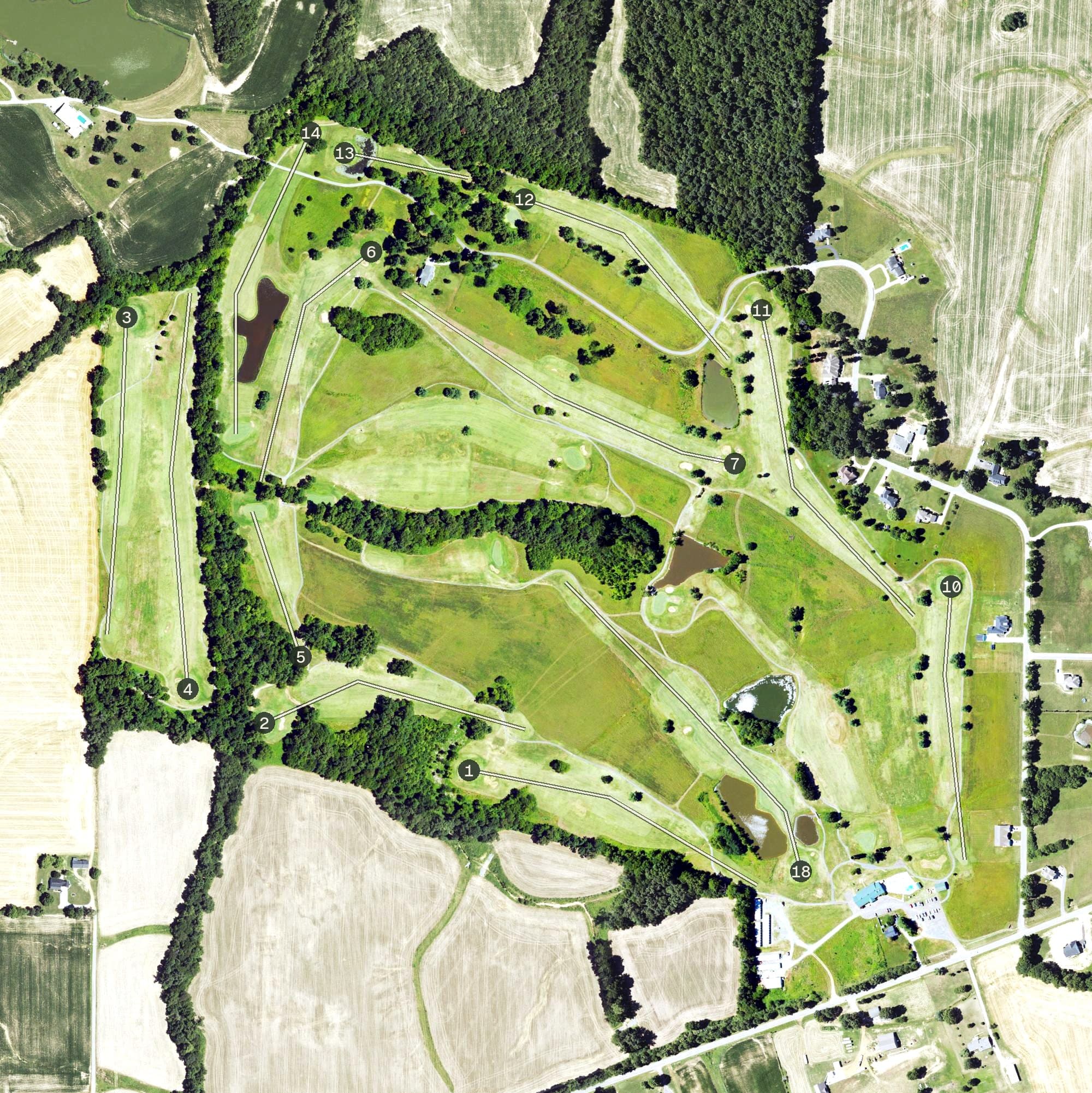 Aerial view of Silos Golf Course, KY, with its hole routing marked