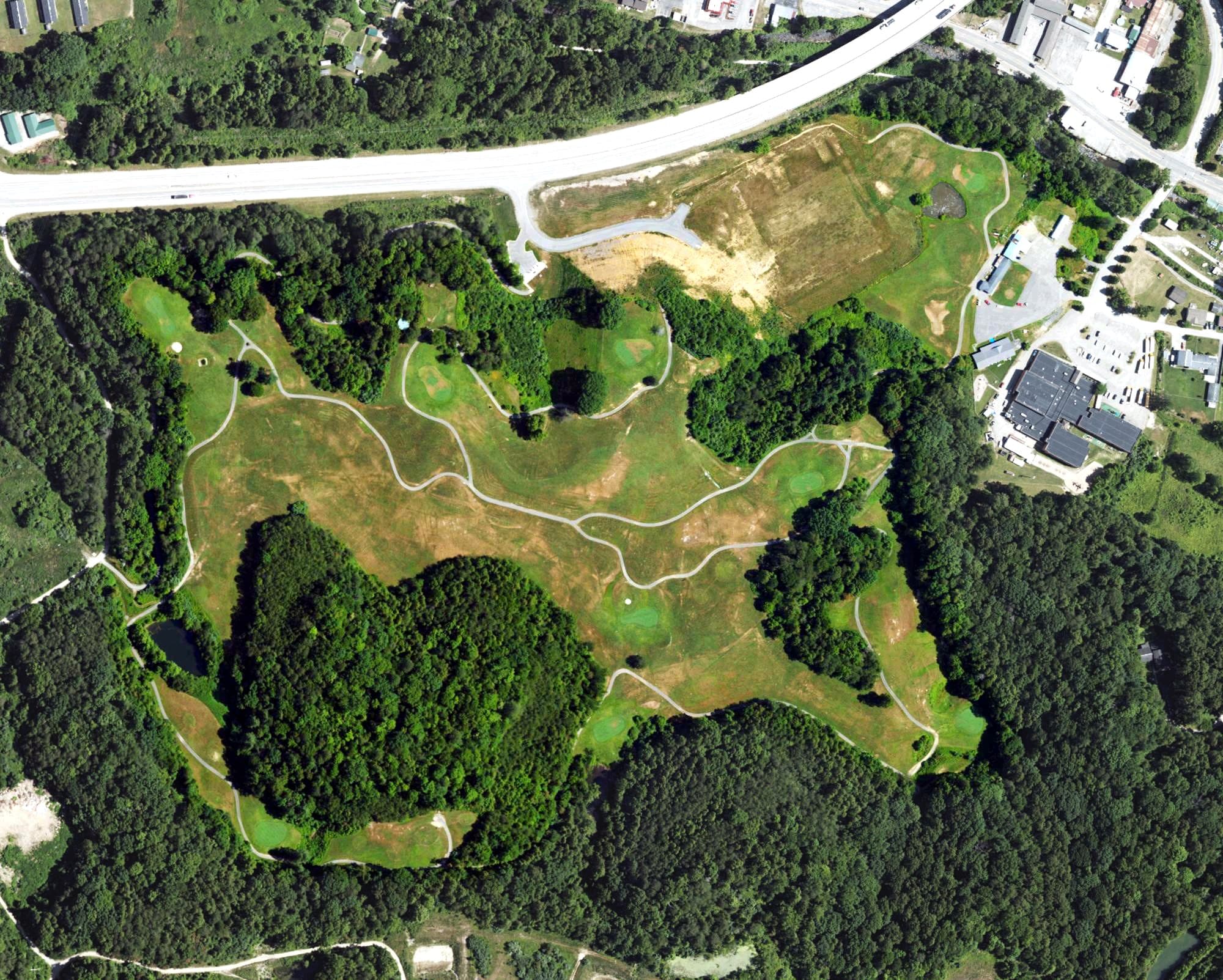 Aerial view of Sleepy Hollow Golf Course, KY, with its hole routing marked