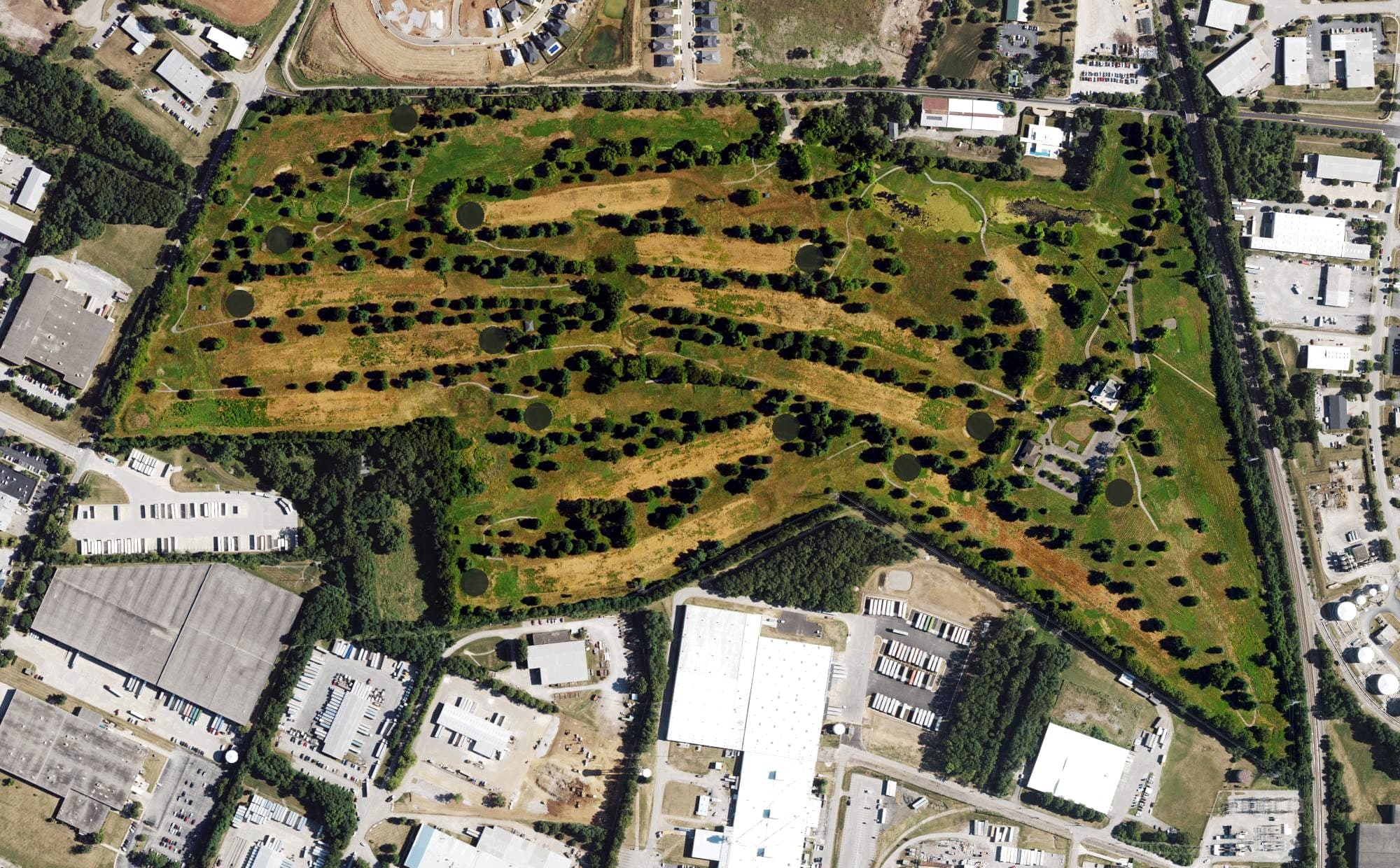 Aerial view of Spring Valley Golf Club, KY, with its hole routing marked