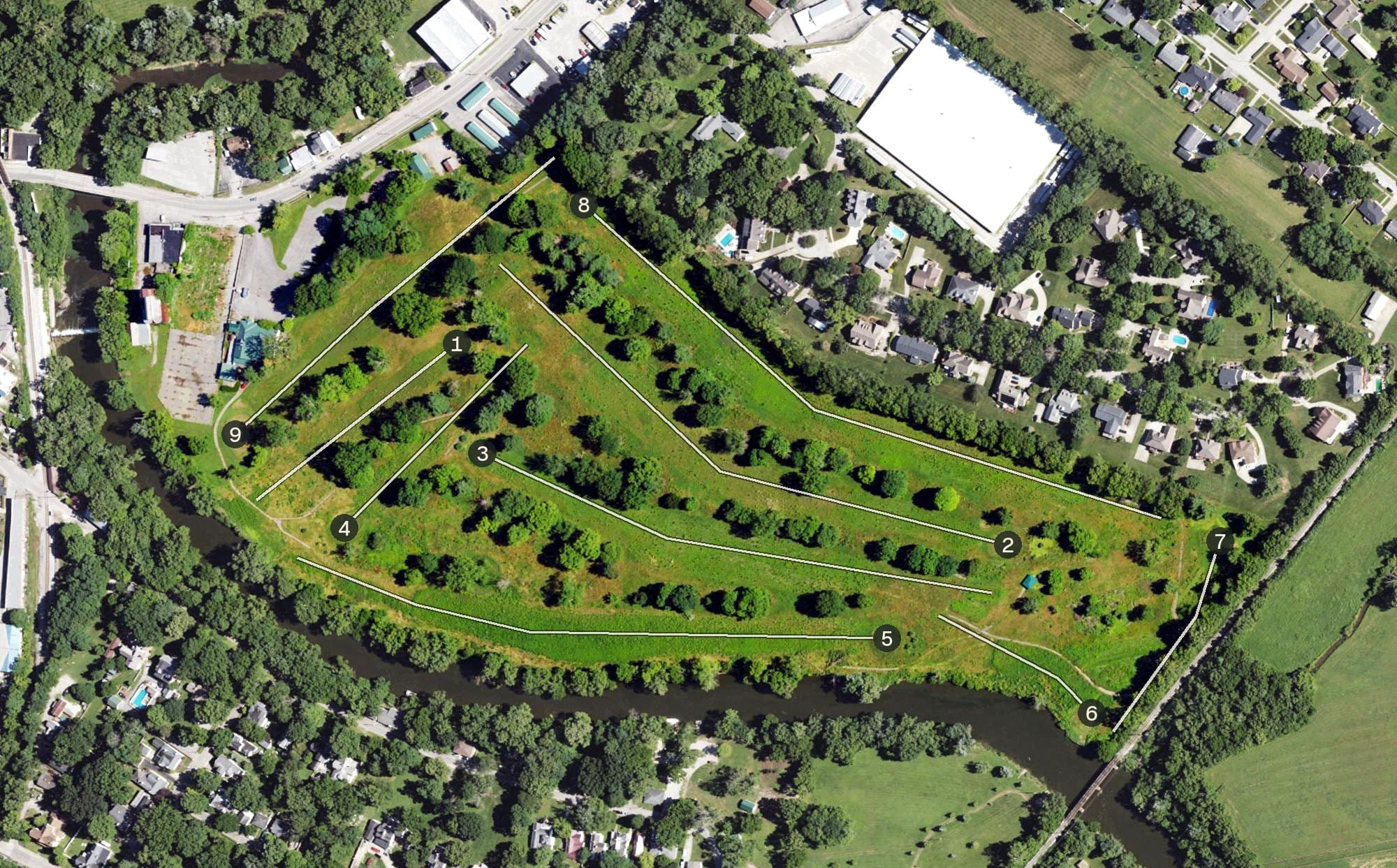 Aerial view of Stoner Creek, KY, with its hole routing marked