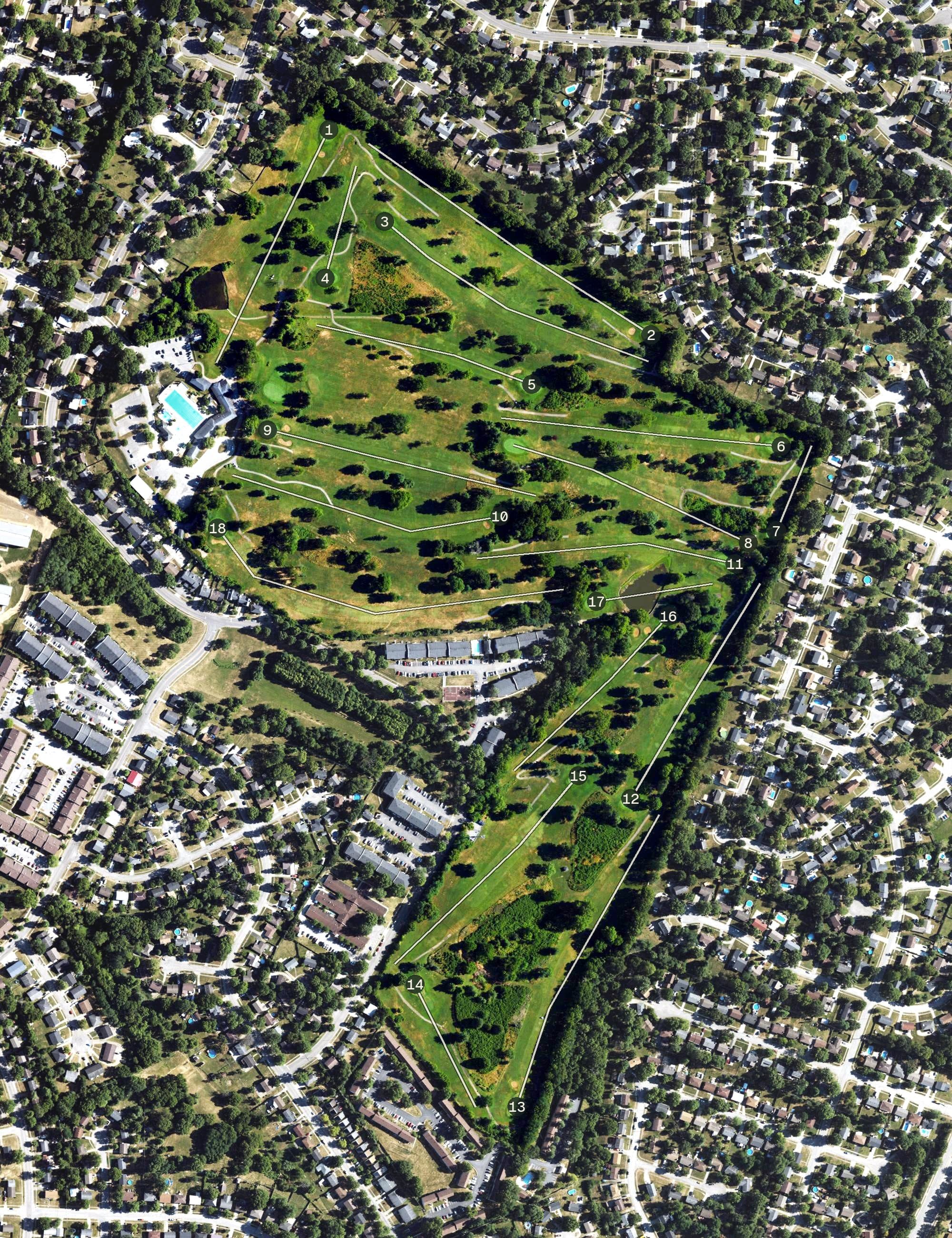 Aerial view of Tates Creek Golf Course, KY, with its hole routing marked