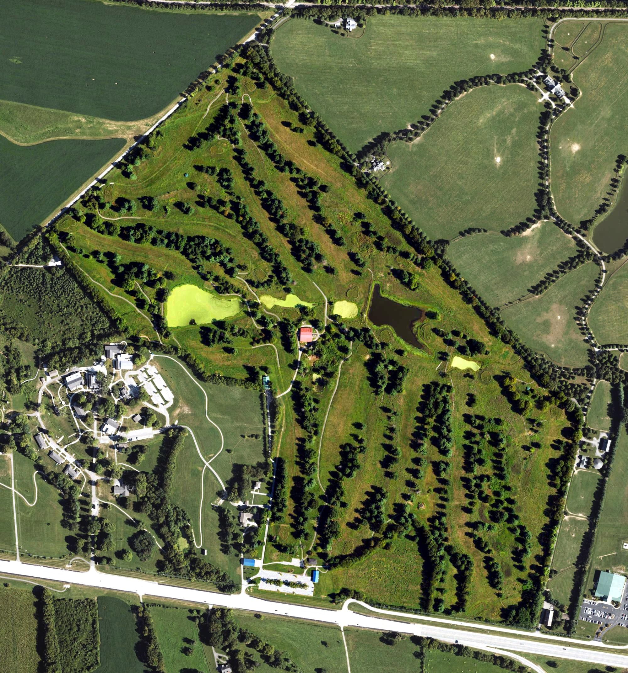 Aerial view of The Brook Golf Club, KY, with its hole routing marked