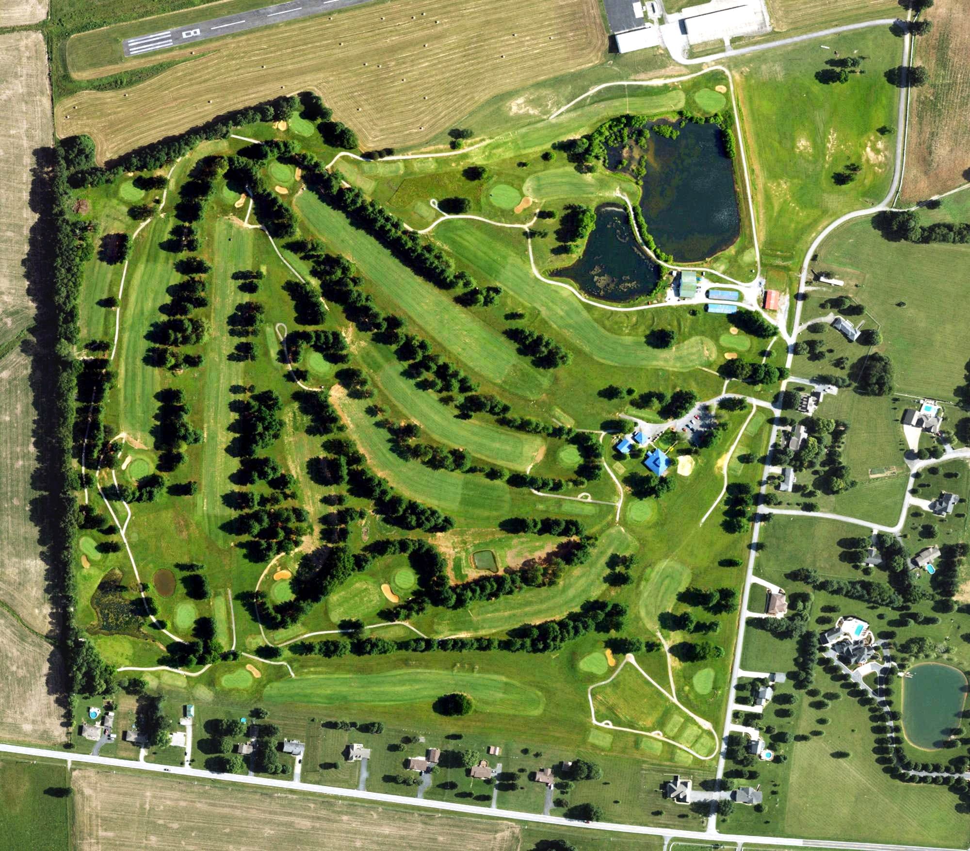 Aerial view of The Pines at Lindsey WIlson, KY, with its hole routing marked