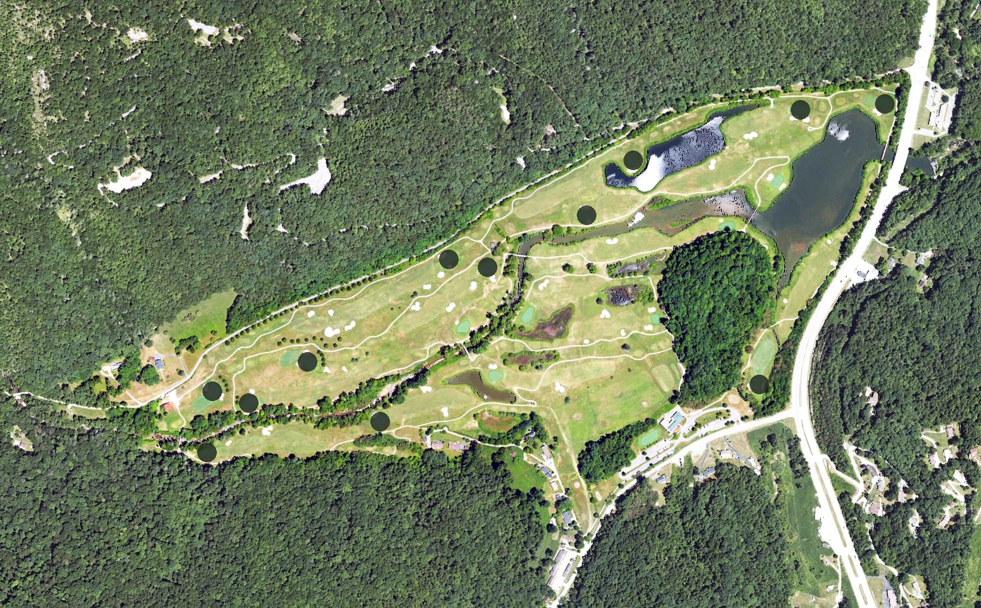 Aerial view of Wasioto Winds Golf Course, KY, with its hole routing marked