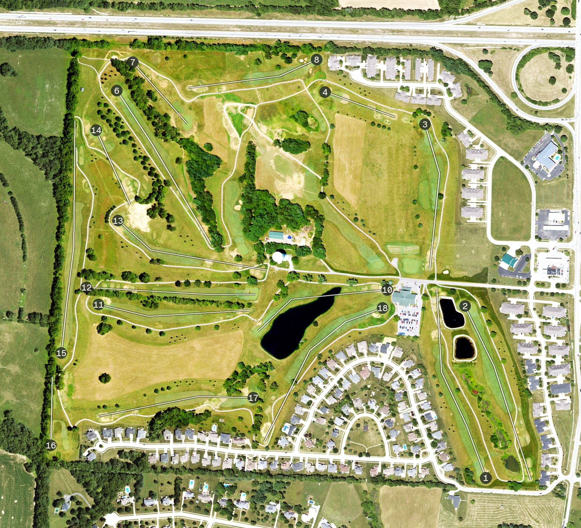 Aerial view of Weissinger Hills Golf Course, KY, with its hole routing marked