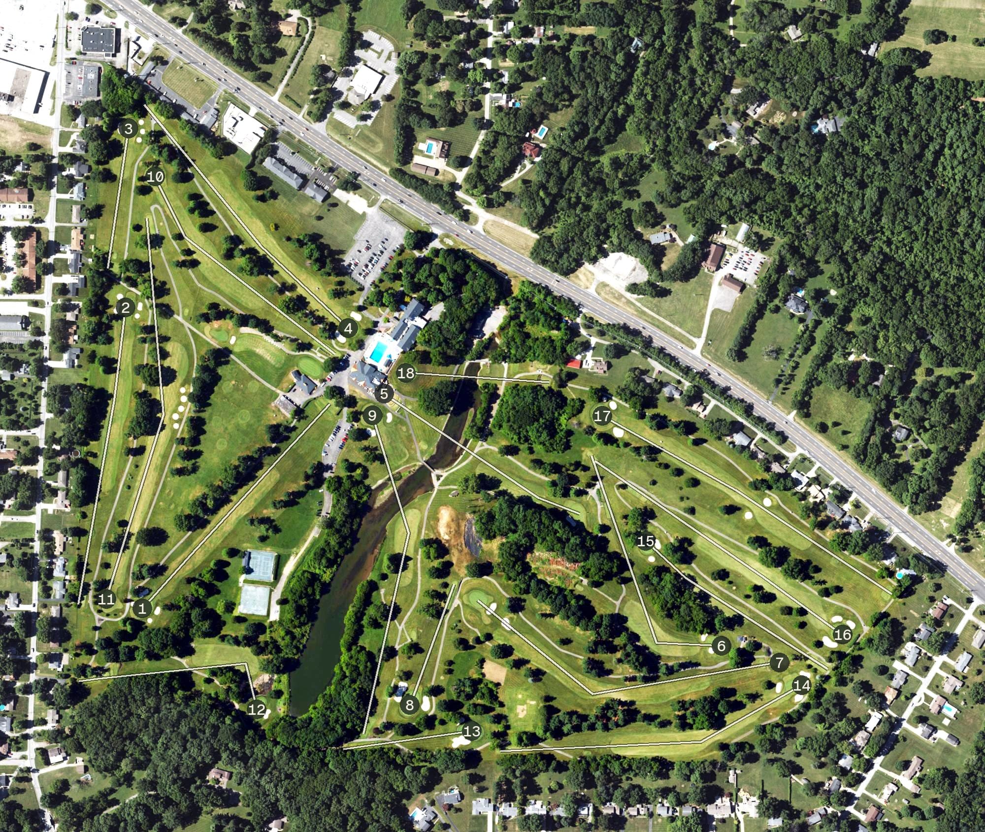 Aerial view of Wildwood Country Club, KY, with its hole routing marked