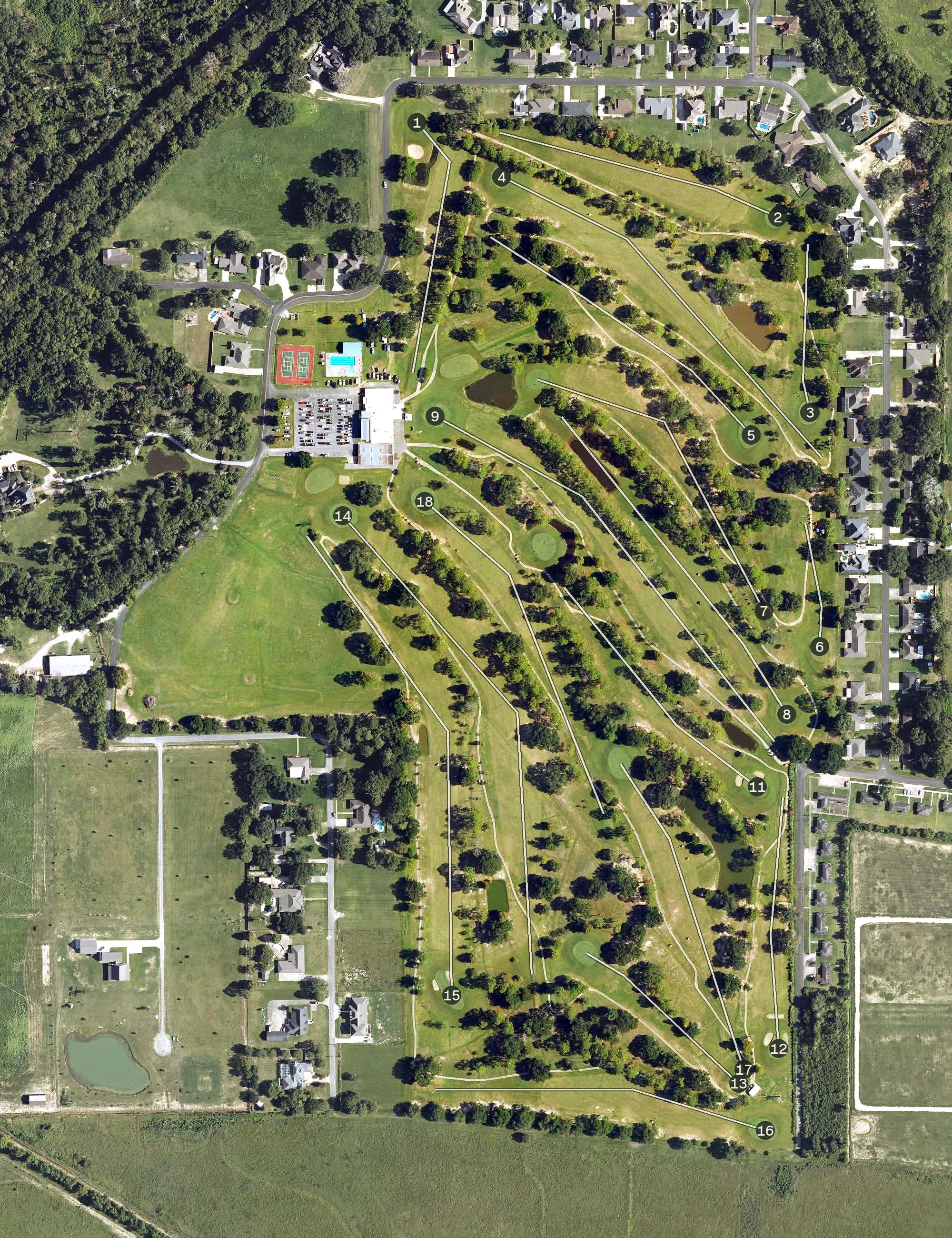 Aerial view of Bayou Bend Golf Course, LA, with its hole routing marked