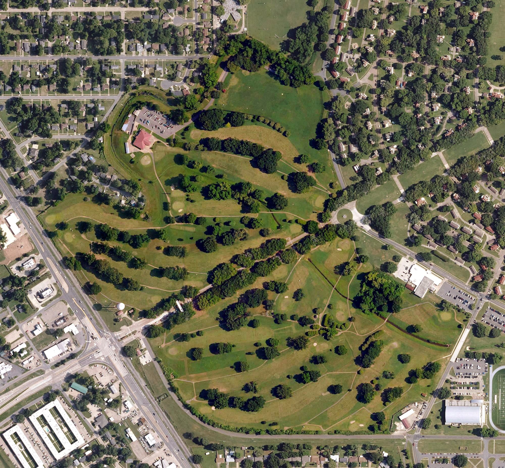 Aerial view of Bomber Bayou Golf Course, LA, with its hole routing marked