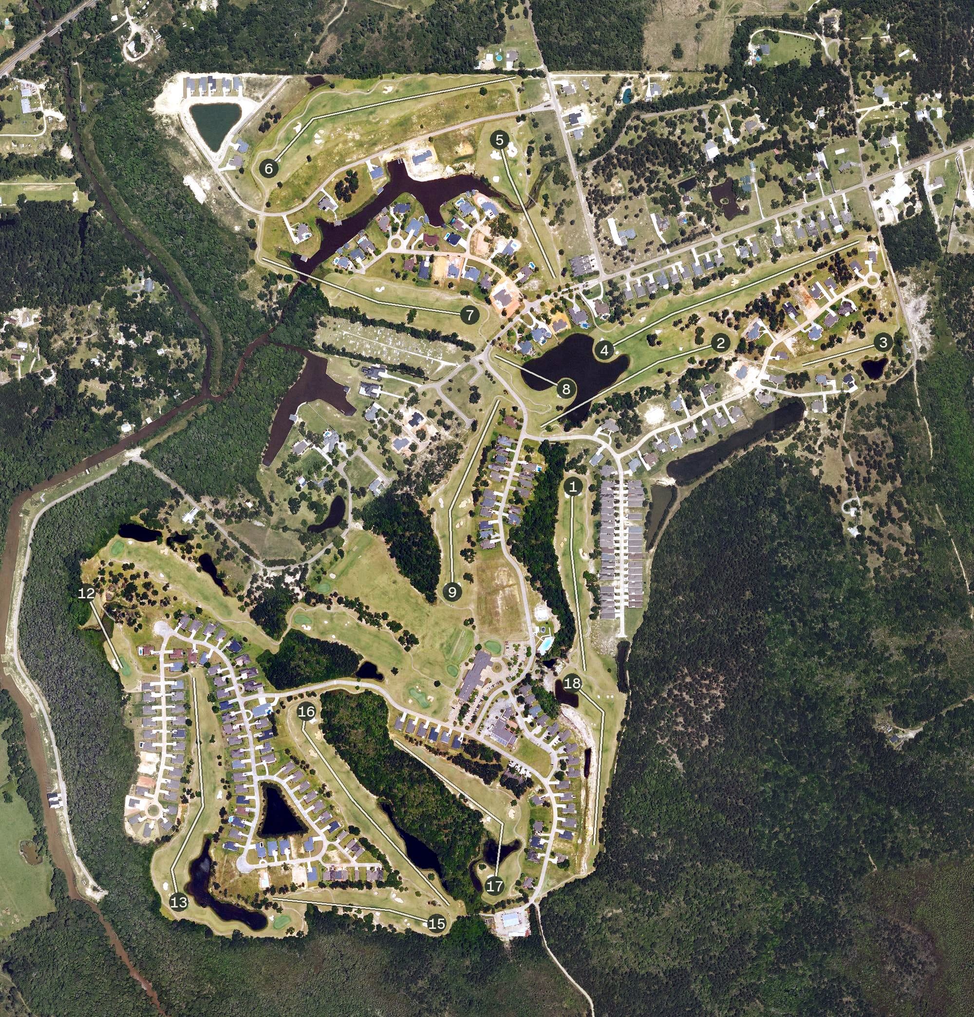 Aerial view of Carter Plantation, LA, with its hole routing marked