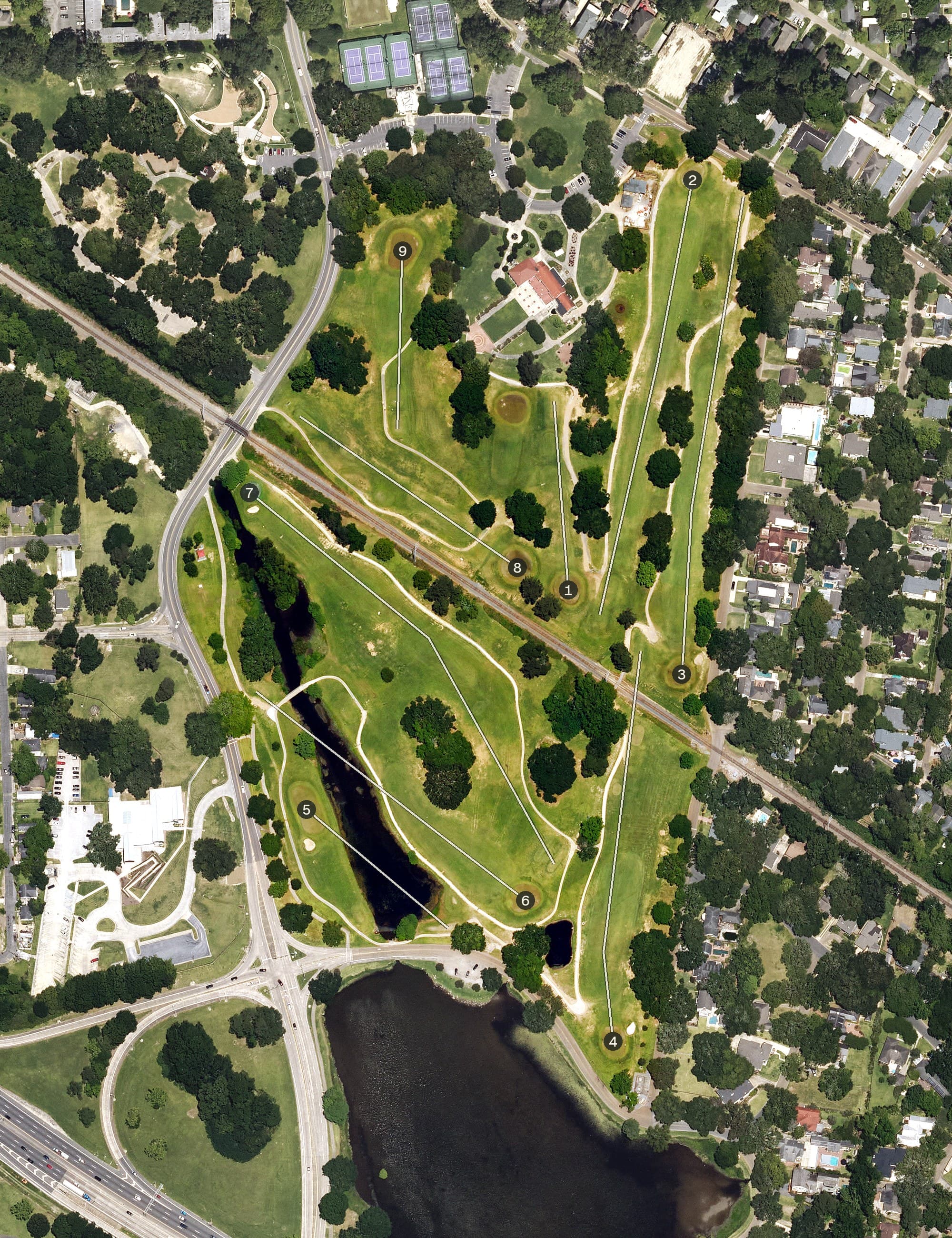 Aerial view of City Park Golf Course, LA, with its hole routing marked