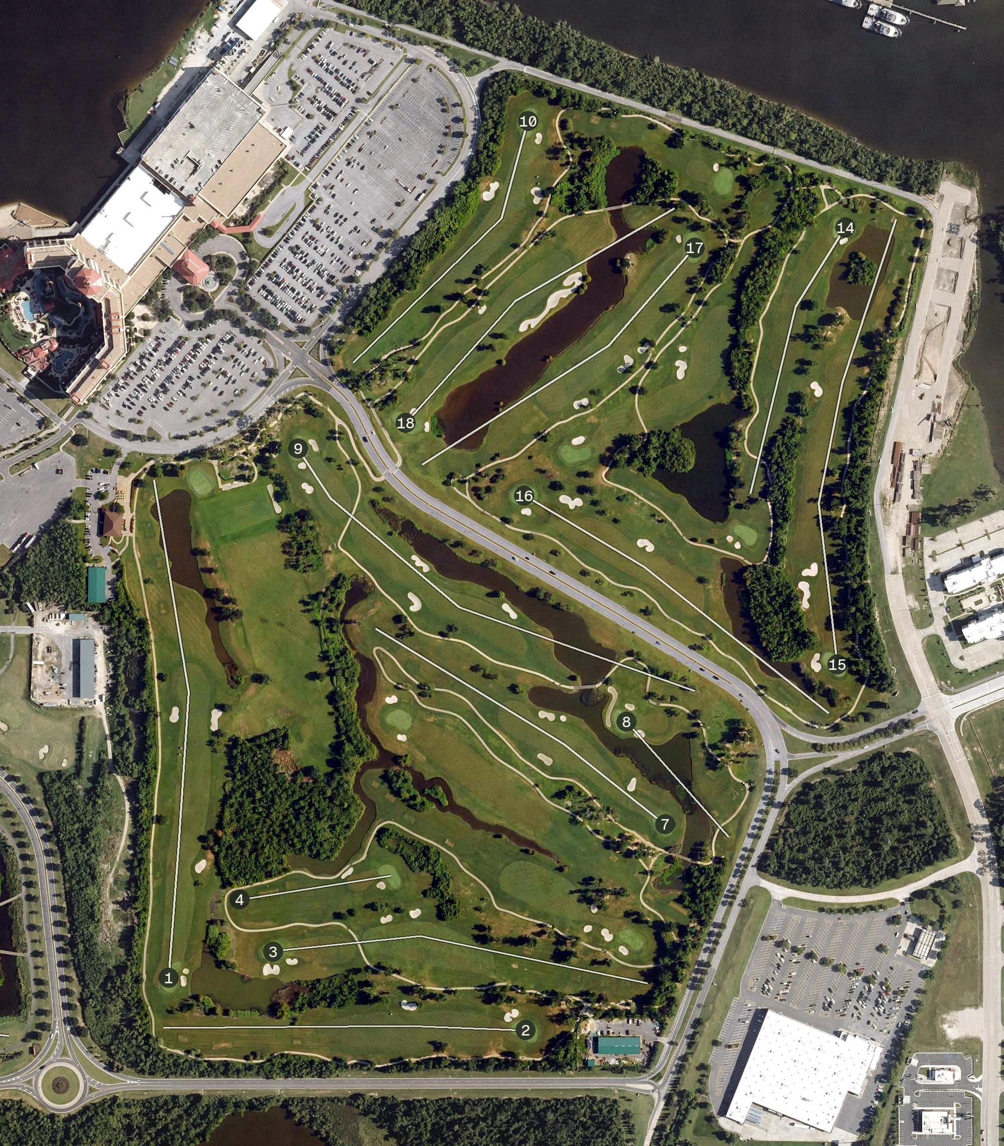 Aerial view of Contraband Bayou Golf Club at L'Auberge Du Lac, LA, with its hole routing marked