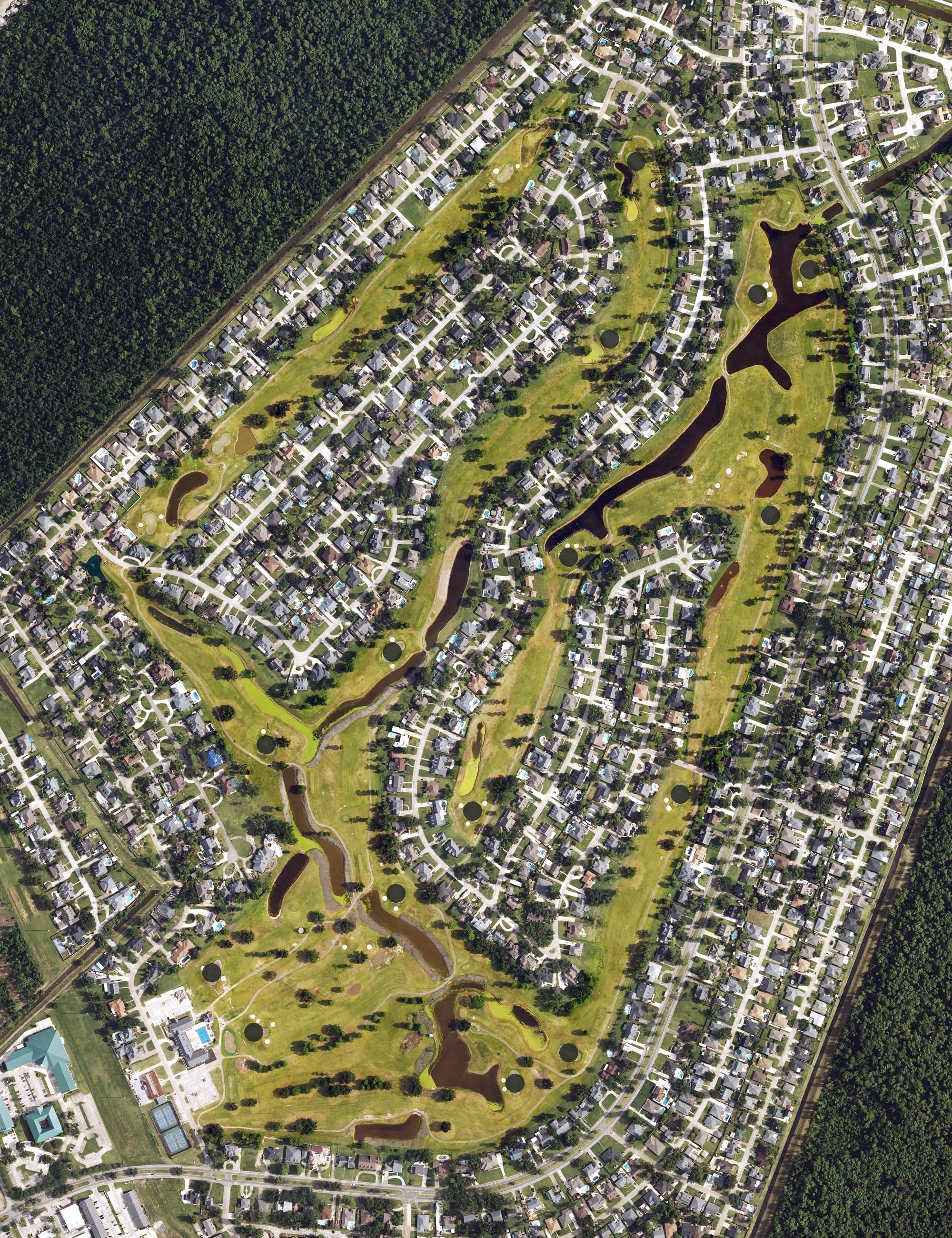 Aerial view of Cypress Lakes Country Club, LA, with its hole routing marked