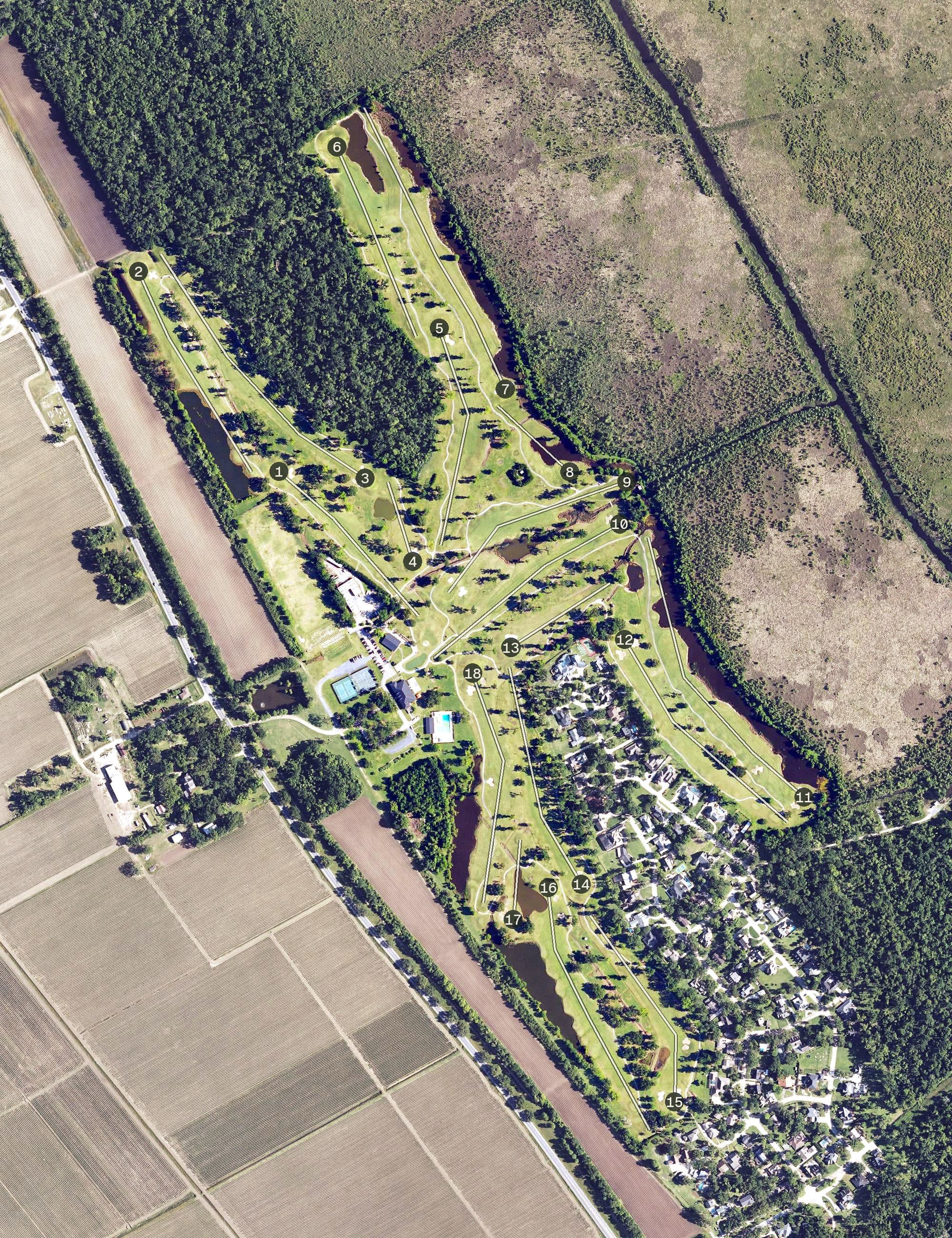 Aerial view of Ellendale Country Club, LA, with its hole routing marked