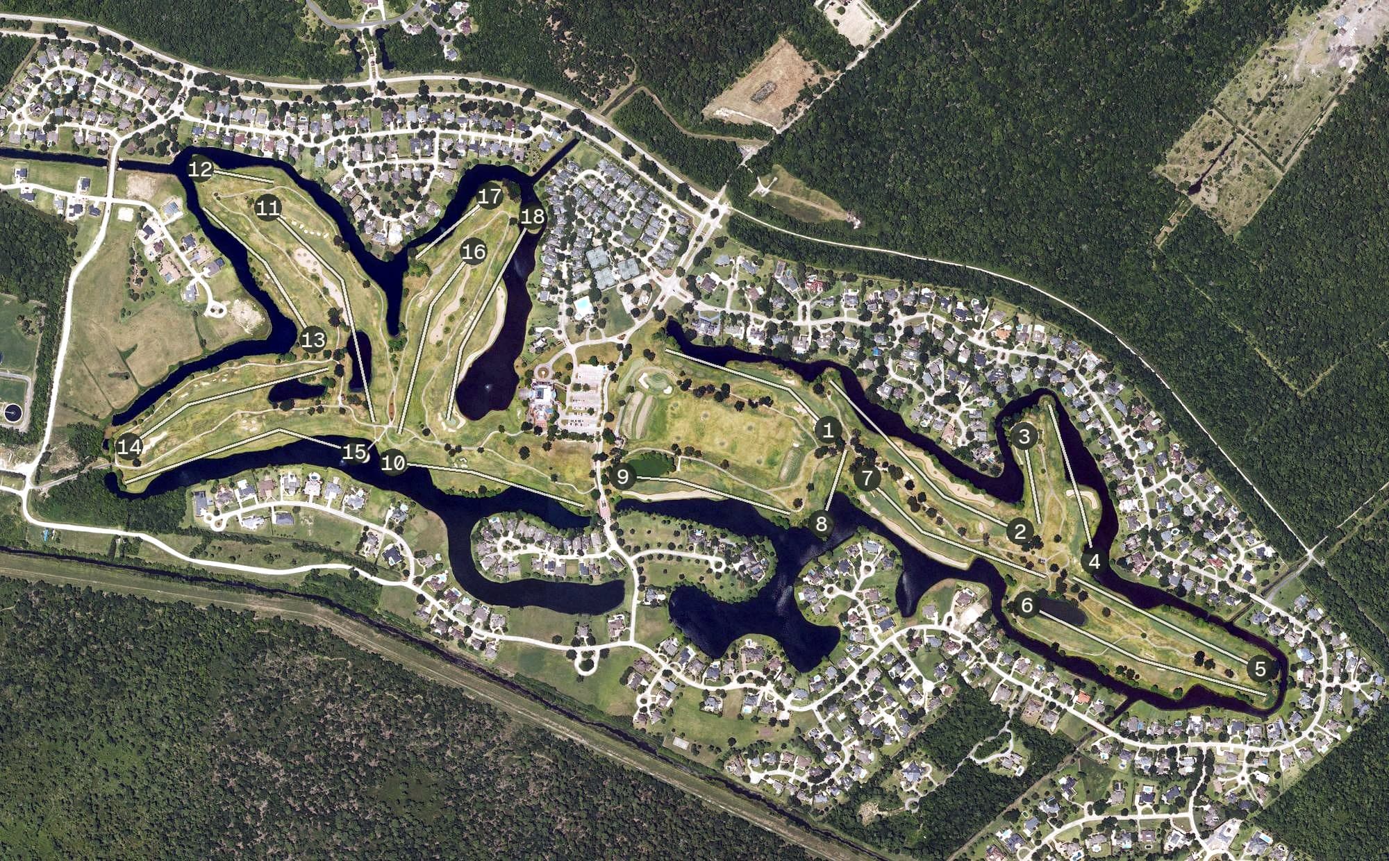 Aerial view of English Turn, LA, with its hole routing marked