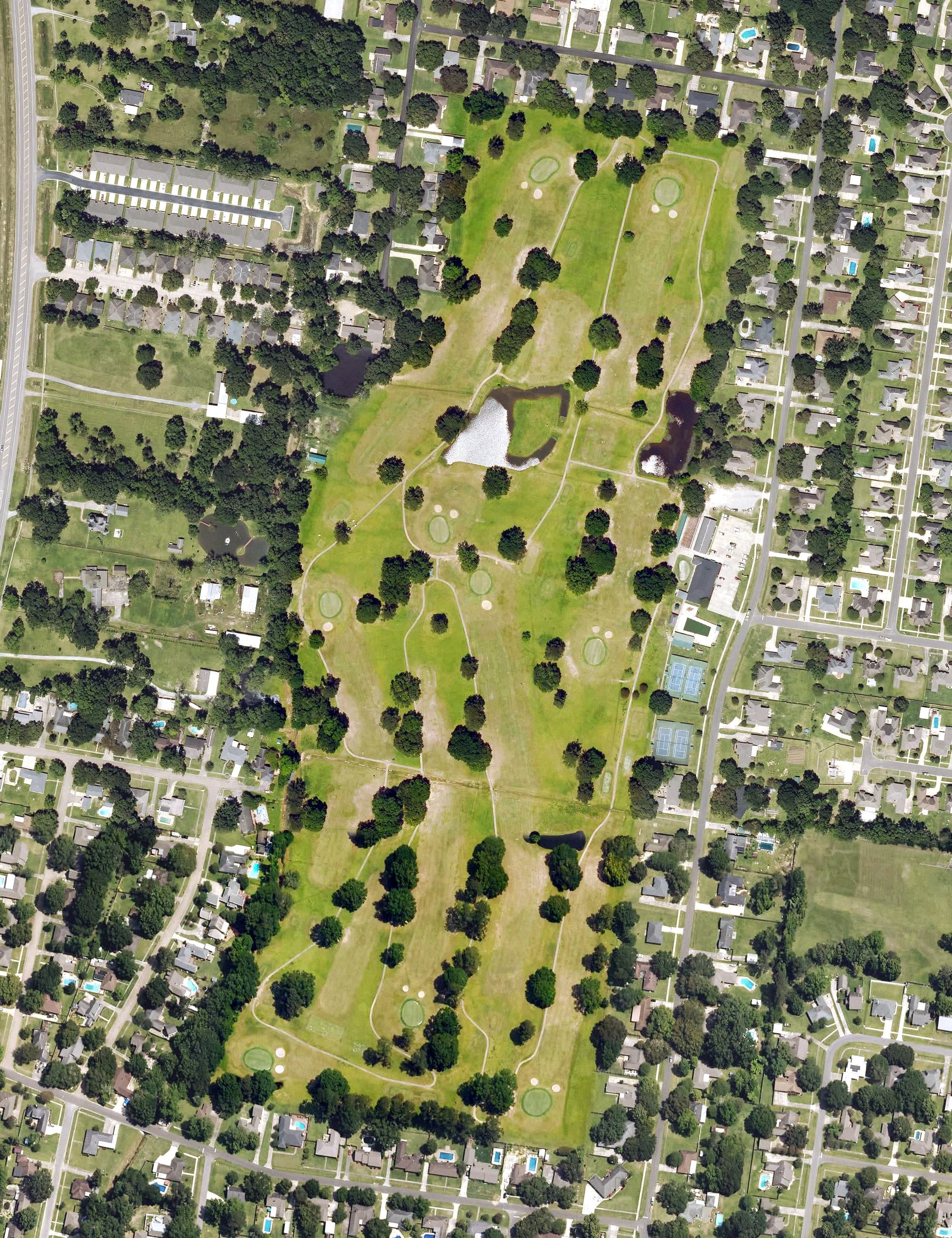 Aerial view of Fenwood Hills Golf Course, LA, with its hole routing marked