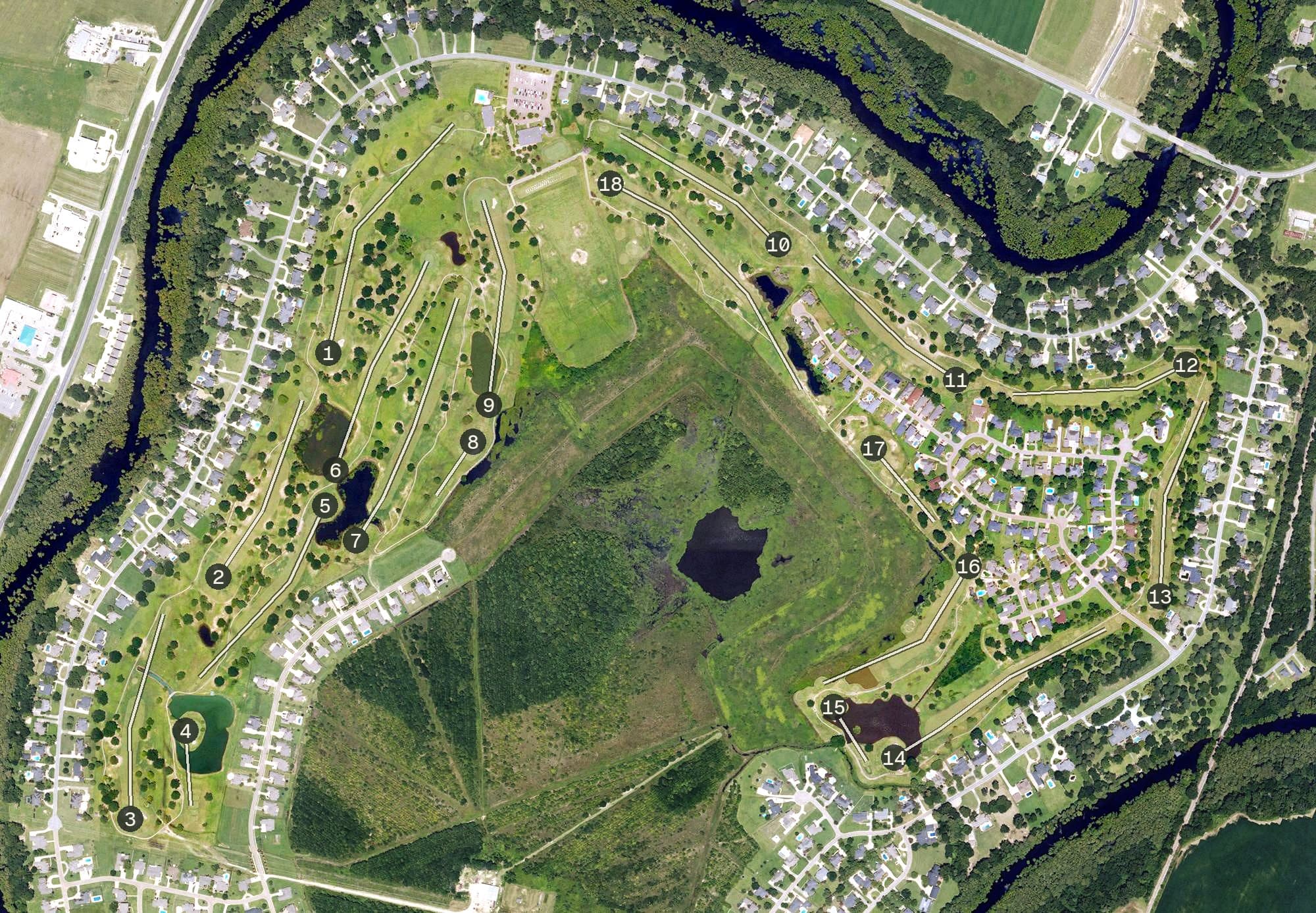 Aerial view of Frenchmans Bend, LA, with its hole routing marked