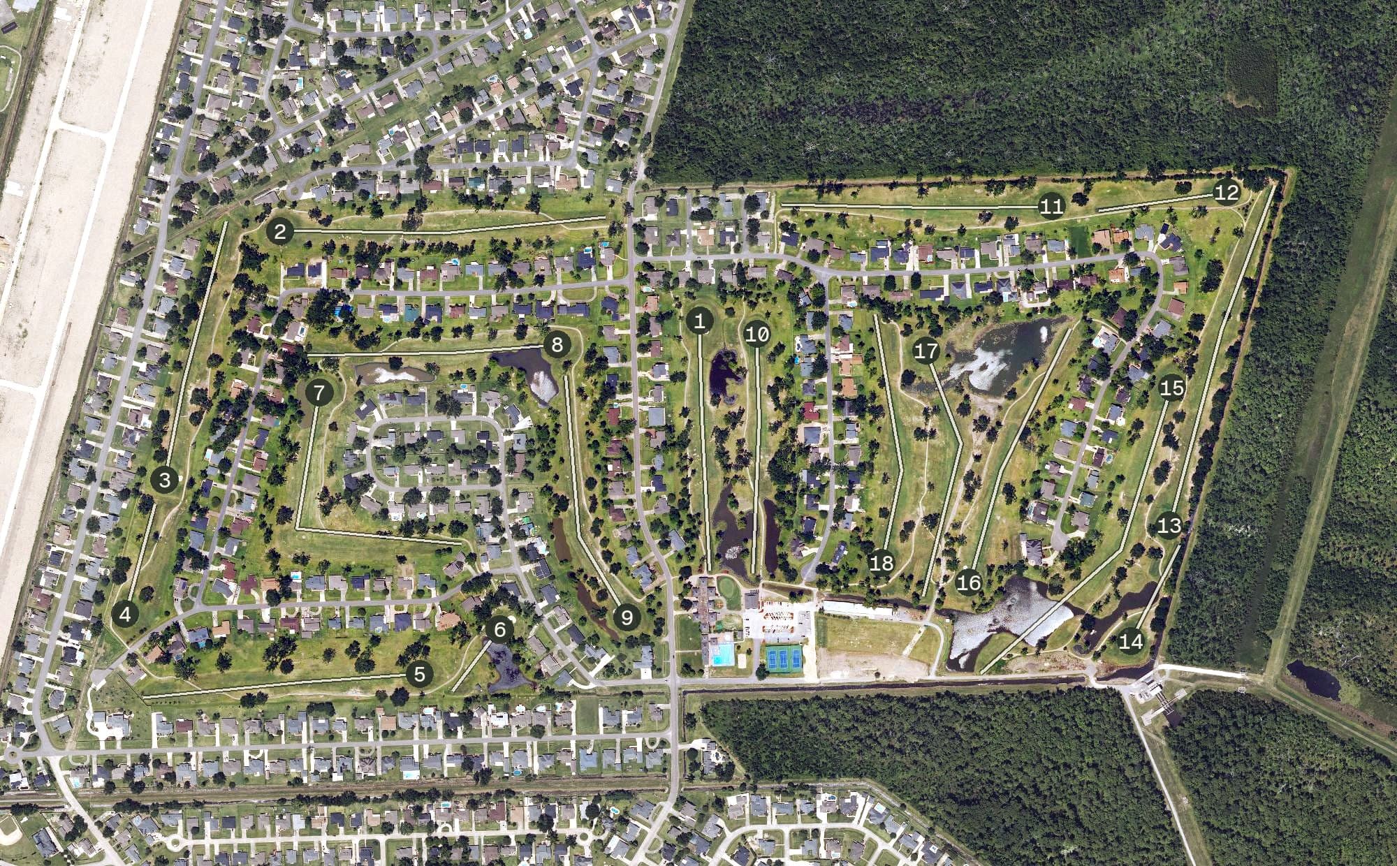 Aerial view of Grand Ridge Golf Club, LA, with its hole routing marked