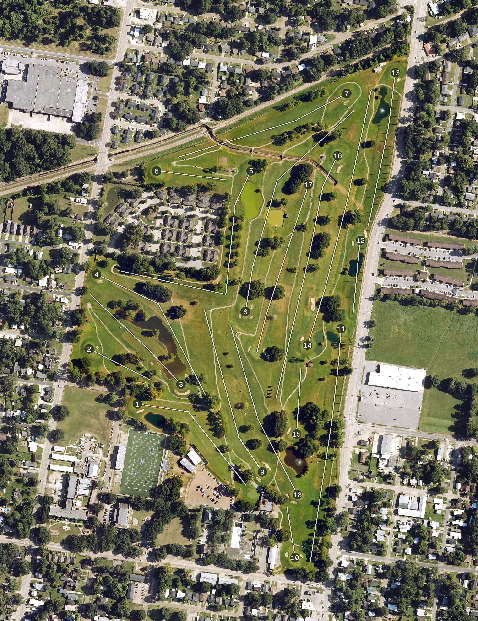 Aerial view of Hebert Municipal Golf Course, LA, with its hole routing marked