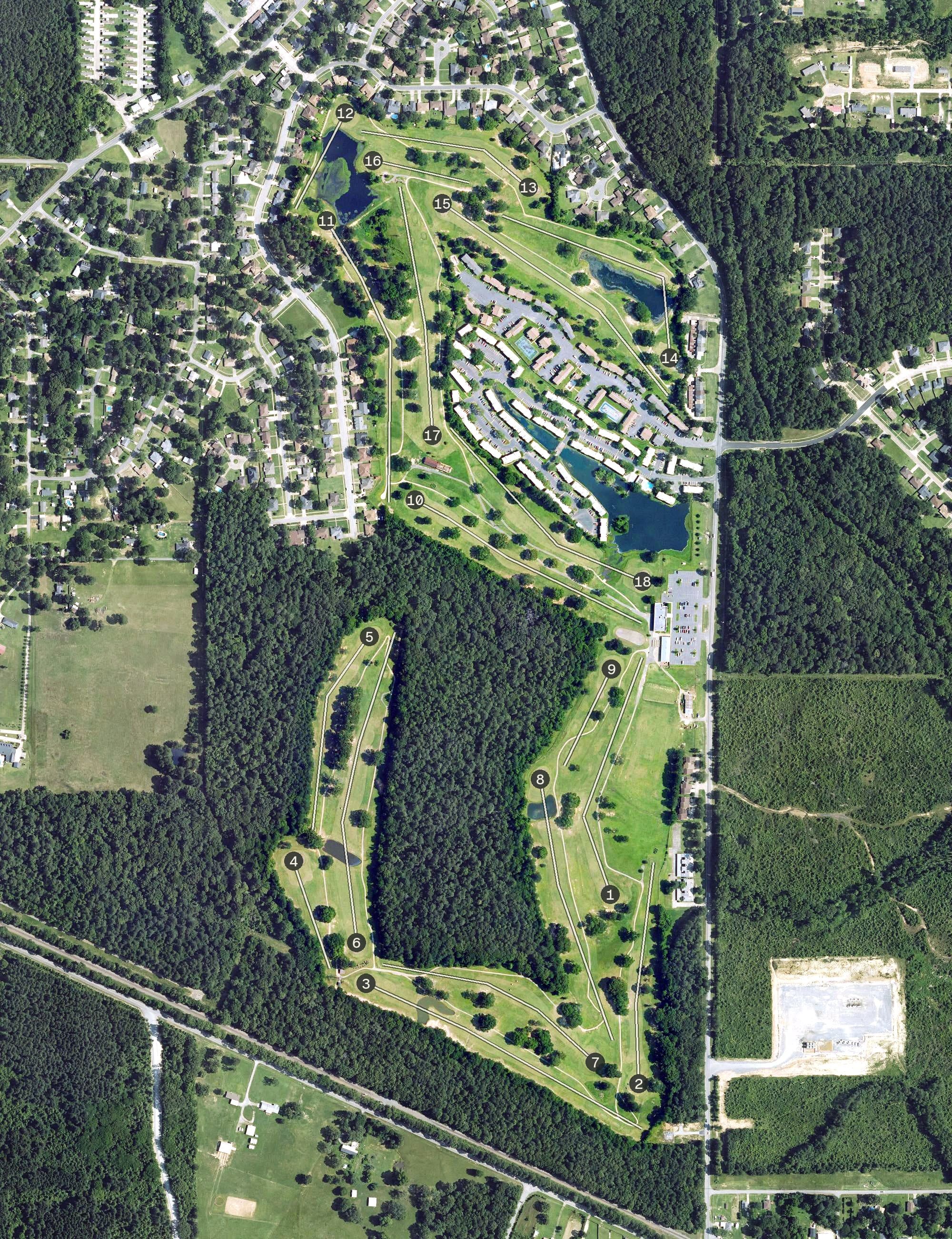 Aerial view of Huntington Golf Course, LA, with its hole routing marked