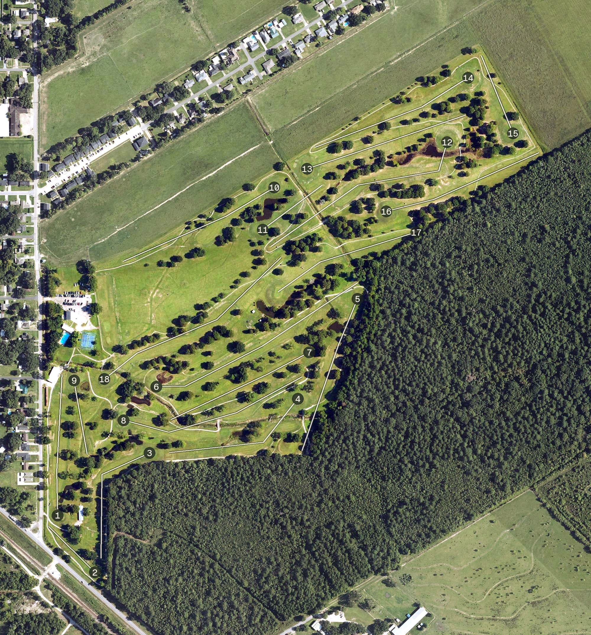 Aerial view of Jennings Golf Course, LA, with its hole routing marked