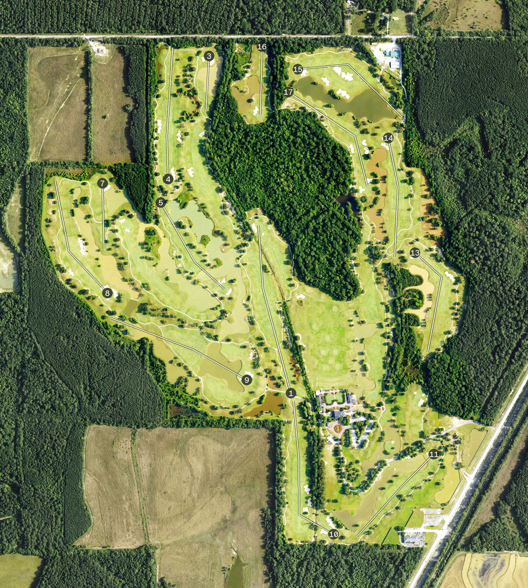 Aerial view of Kosati Pines, LA, with its hole routing marked