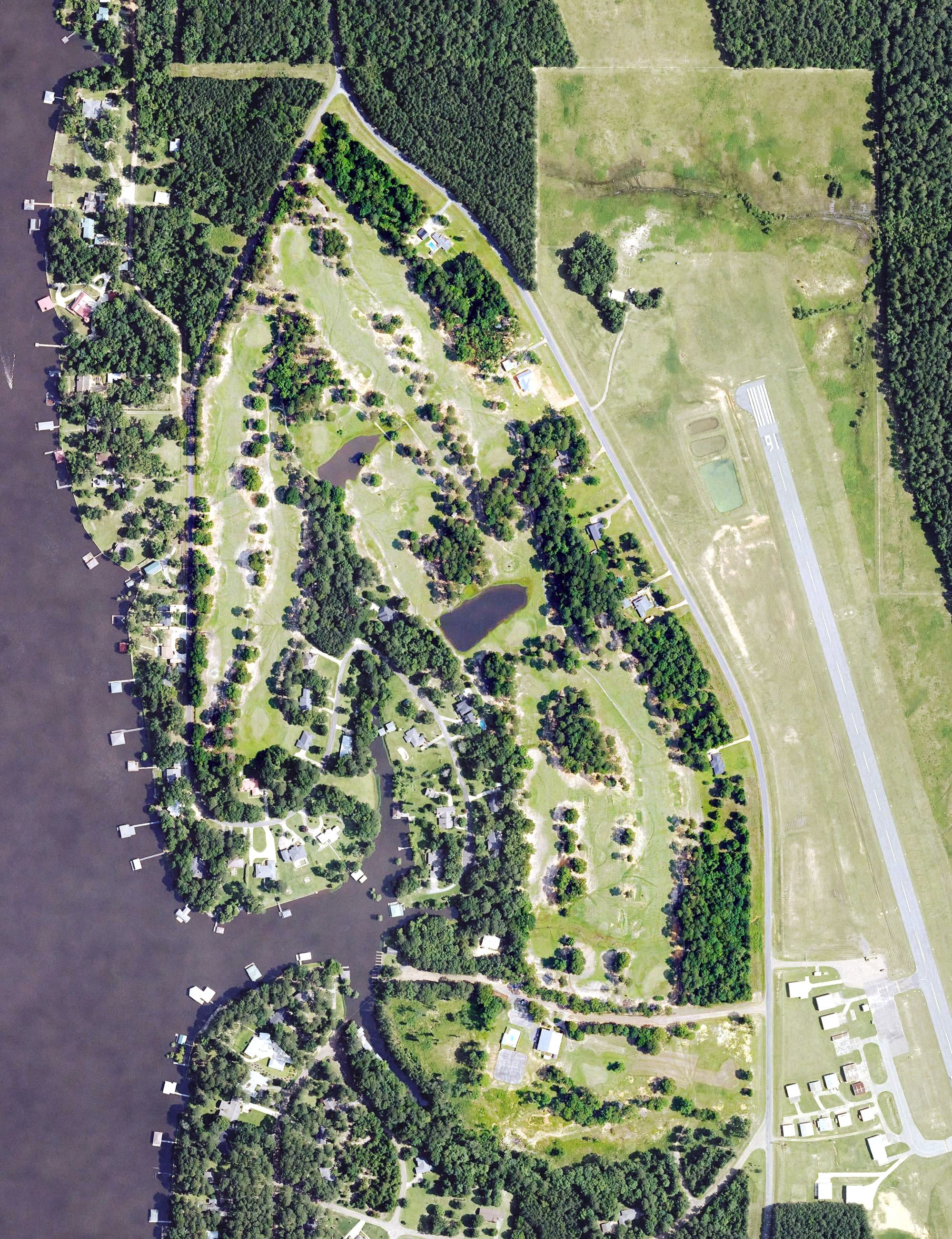 Aerial view of Lake D'Arbonne Country Club, LA, with its hole routing marked