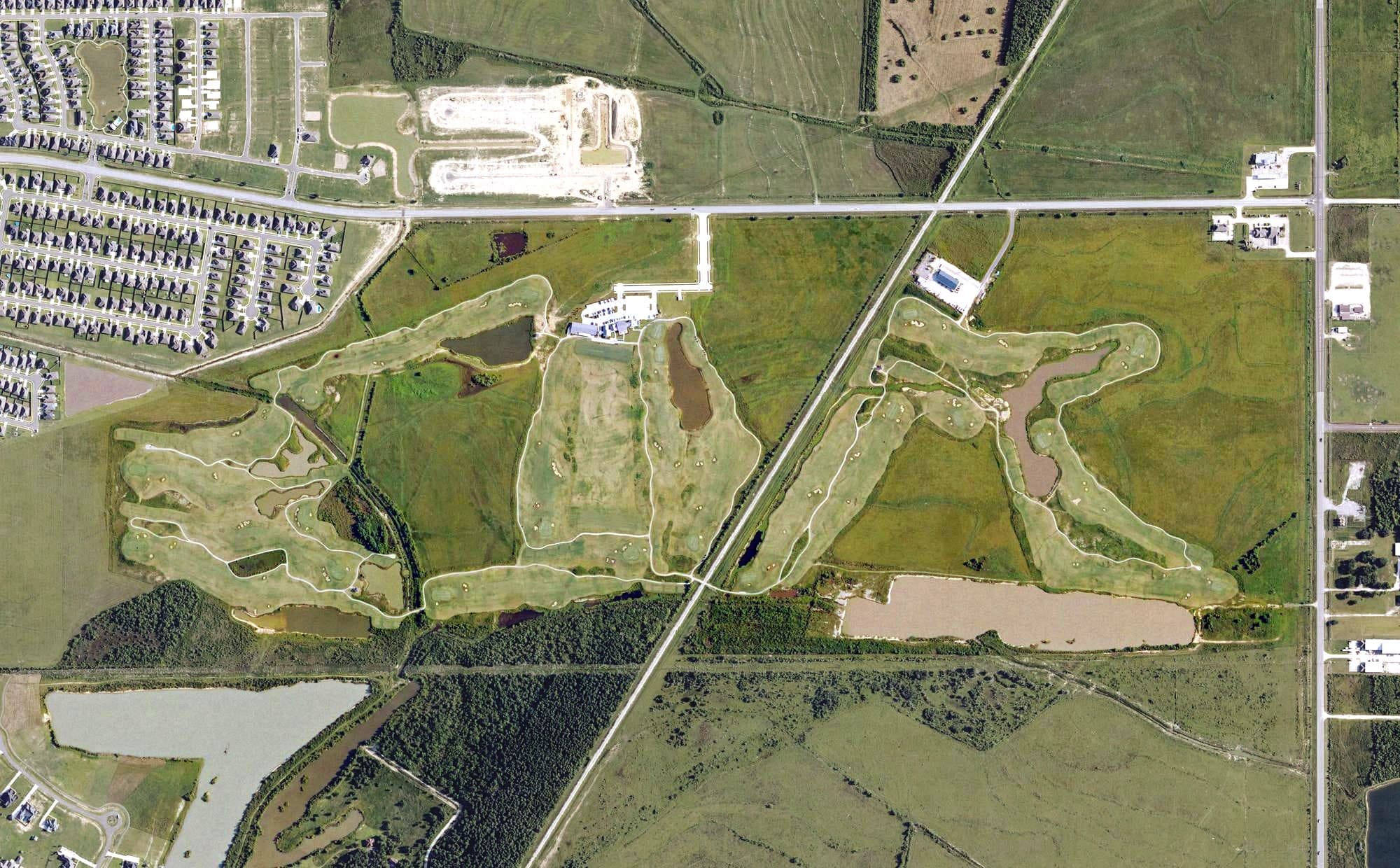 Aerial view of Mallard Cove Golf Course, LA, with its hole routing marked