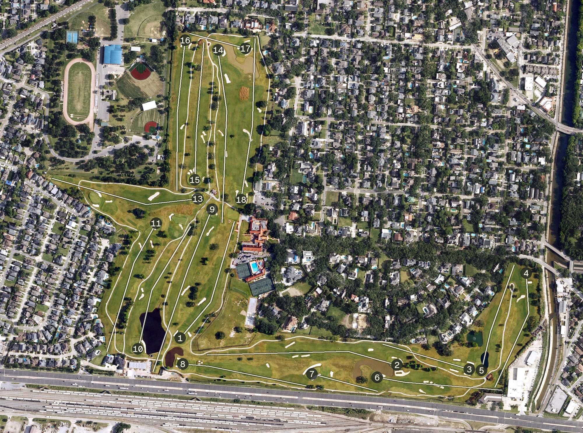 Aerial view of Metairie Country Club, LA, with its hole routing marked