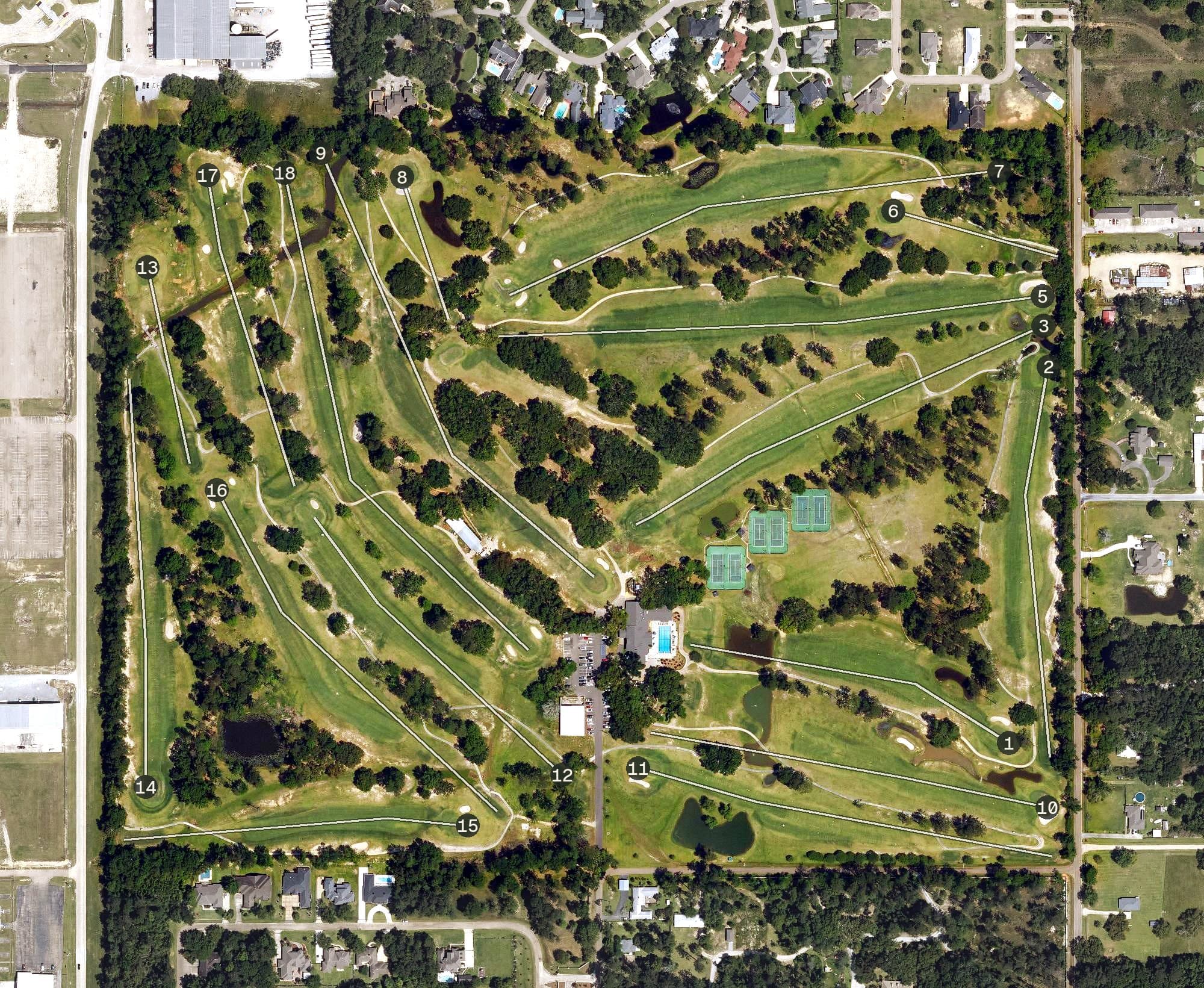 Aerial view of Oaak Knoll Country Club, LA, with its hole routing marked