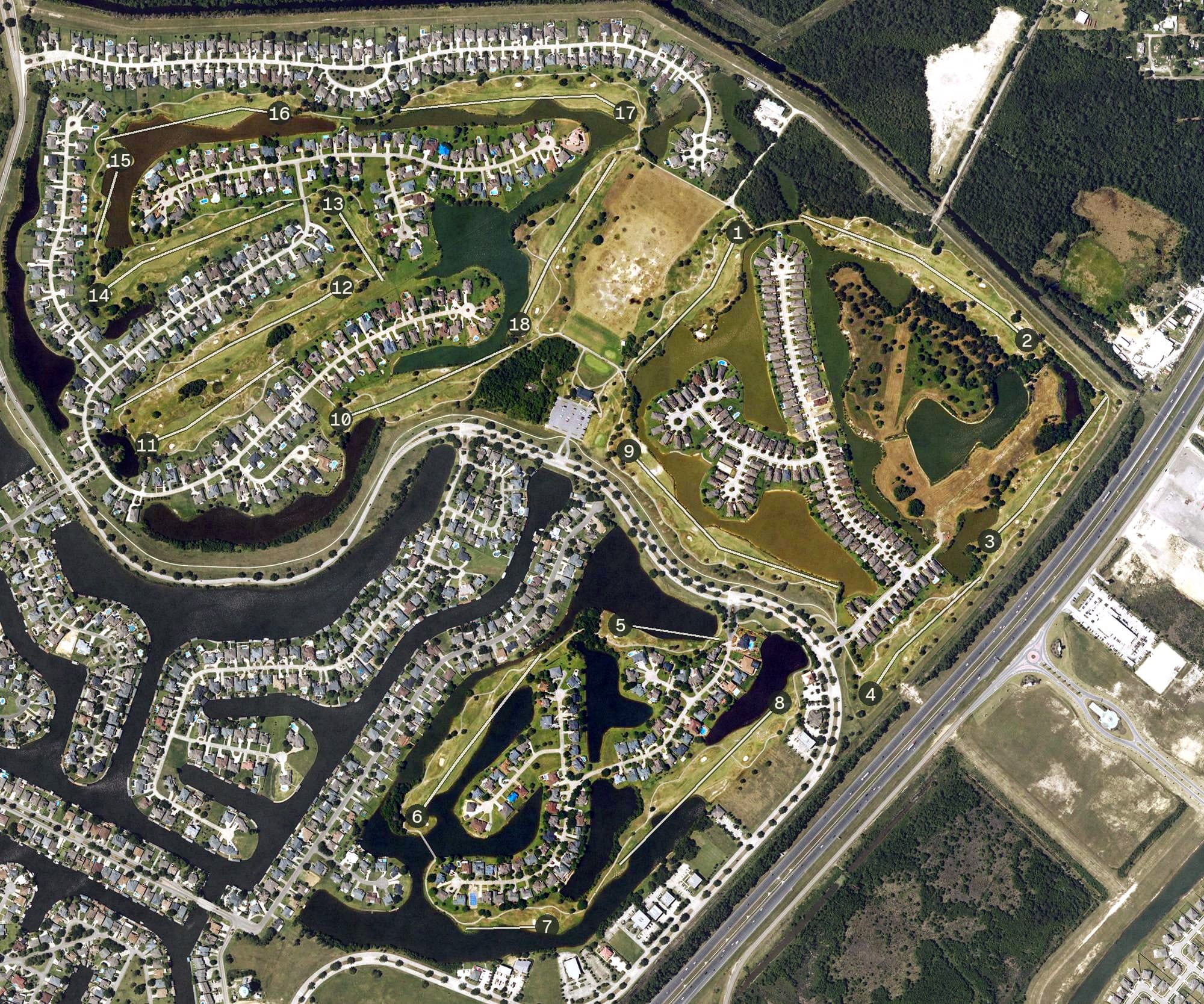 Aerial view of Oak Harbor Golf Club, LA, with its hole routing marked