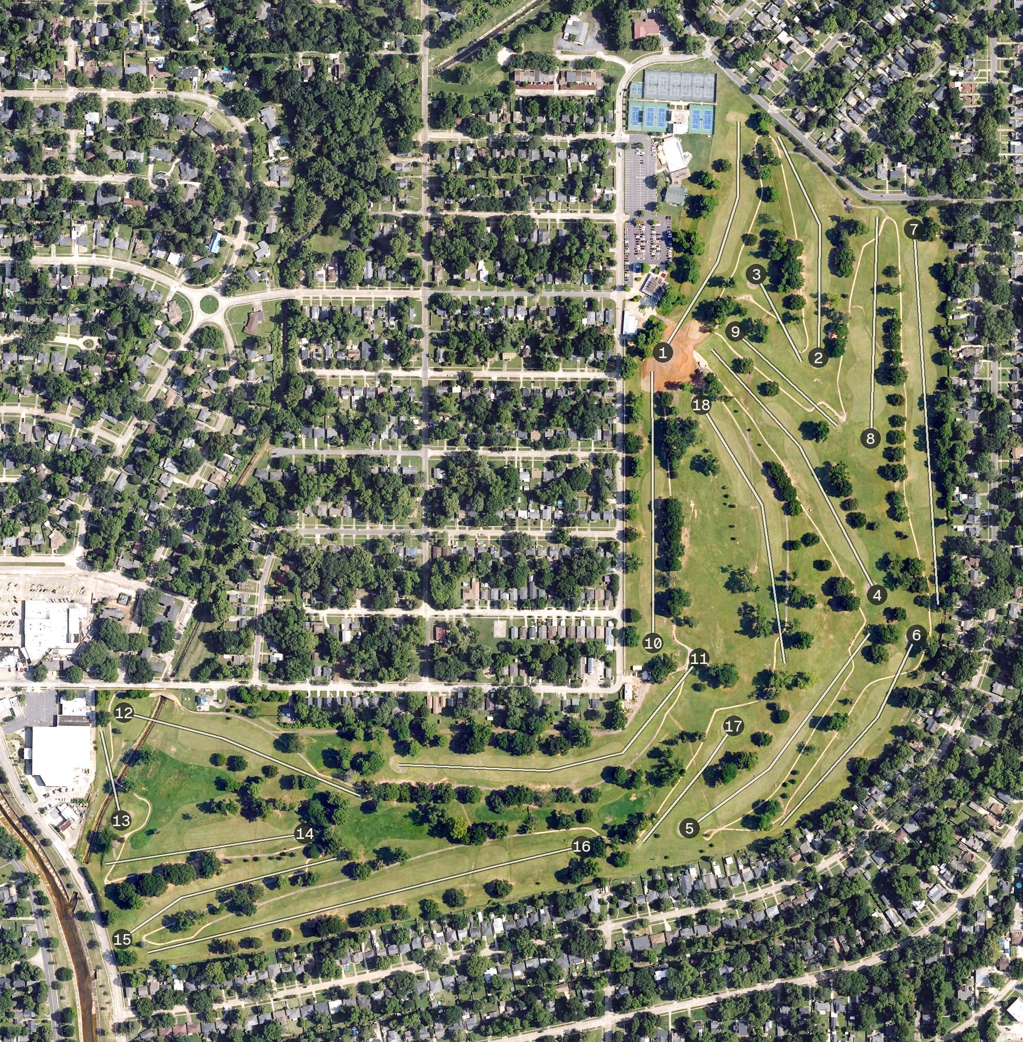 Aerial view of Querbes Golf Course, LA, with its hole routing marked
