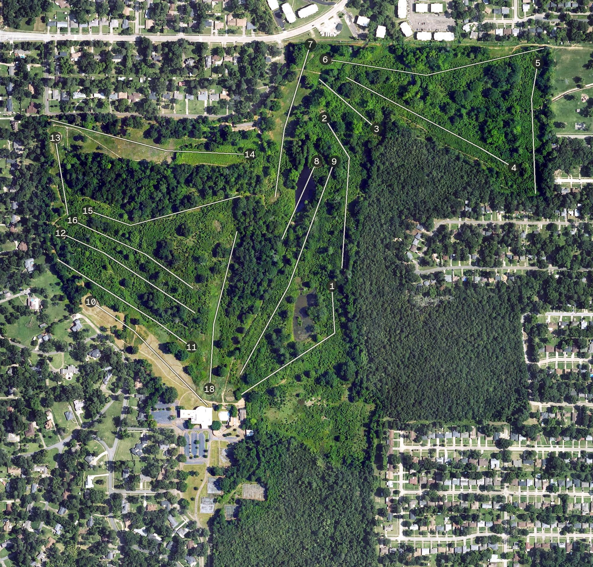 Aerial view of Shreveport Country Club, LA, with its hole routing marked