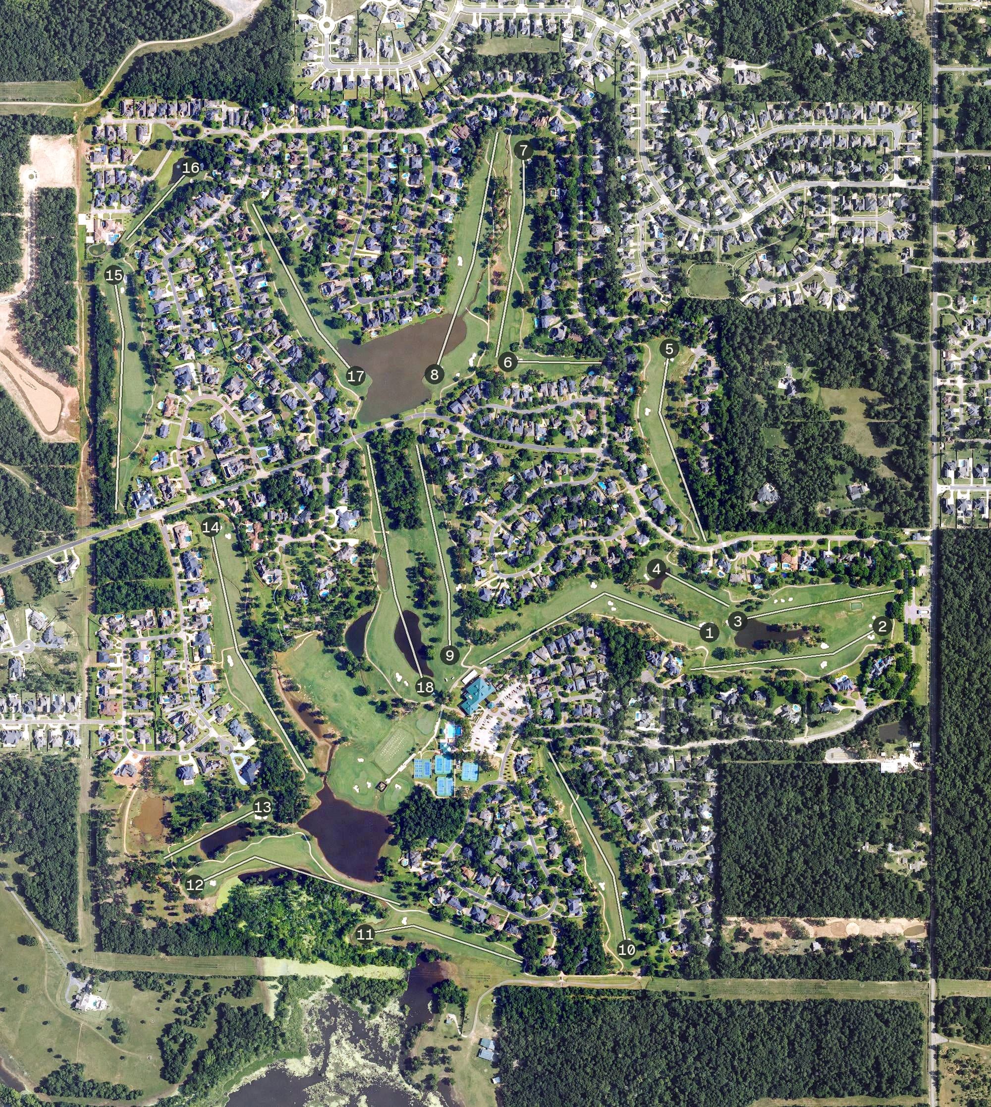 Aerial view of Southern Trace Country Club, LA, with its hole routing marked
