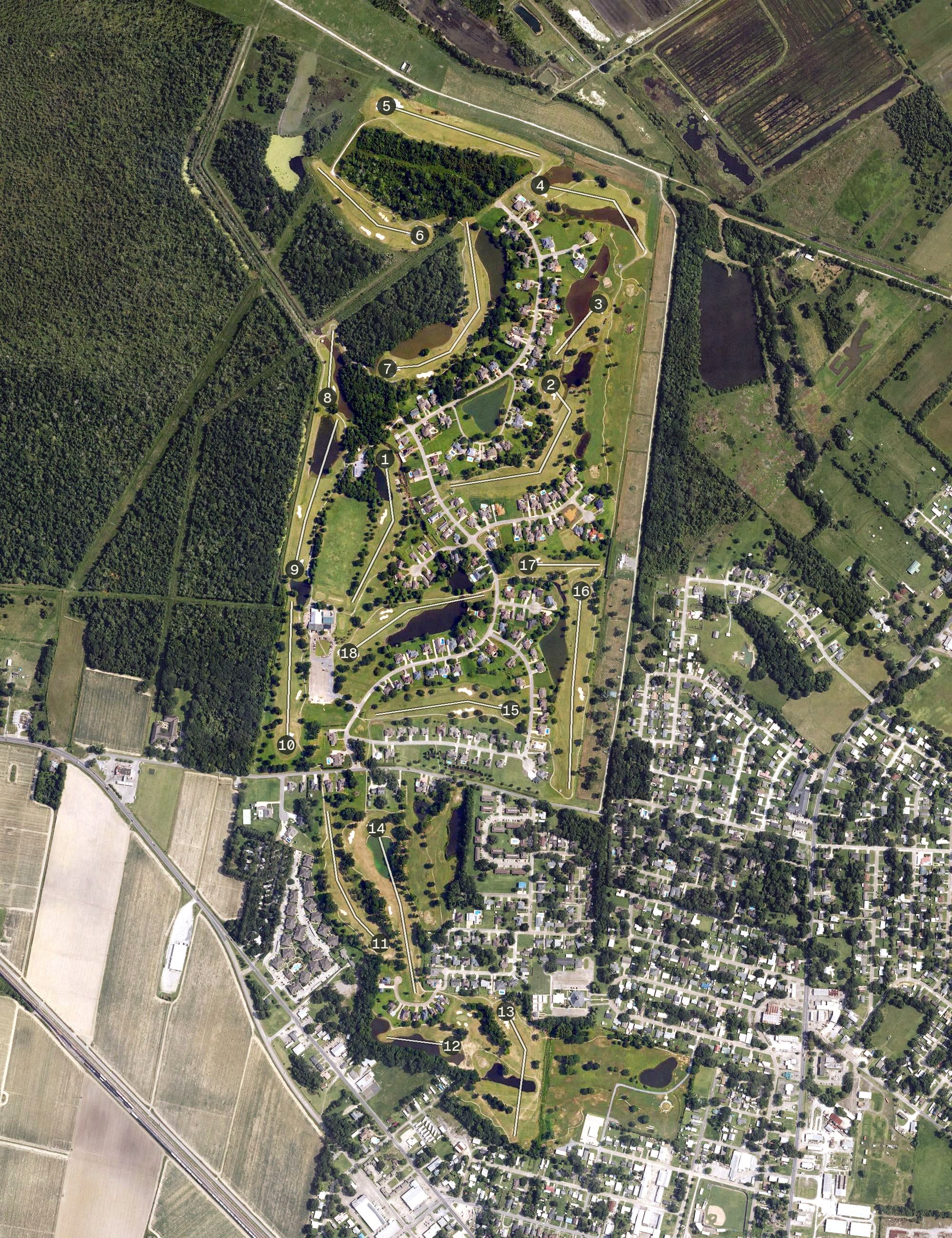 Aerial view of Squirrel Run Golf Club, LA, with its hole routing marked