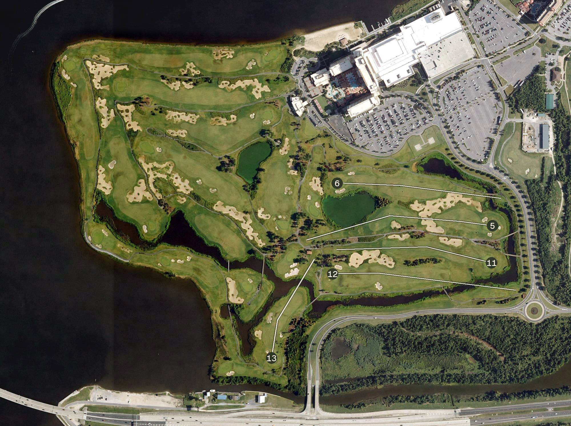 Aerial view of The Country Club at Golden Nugget, LA, with its hole routing marked