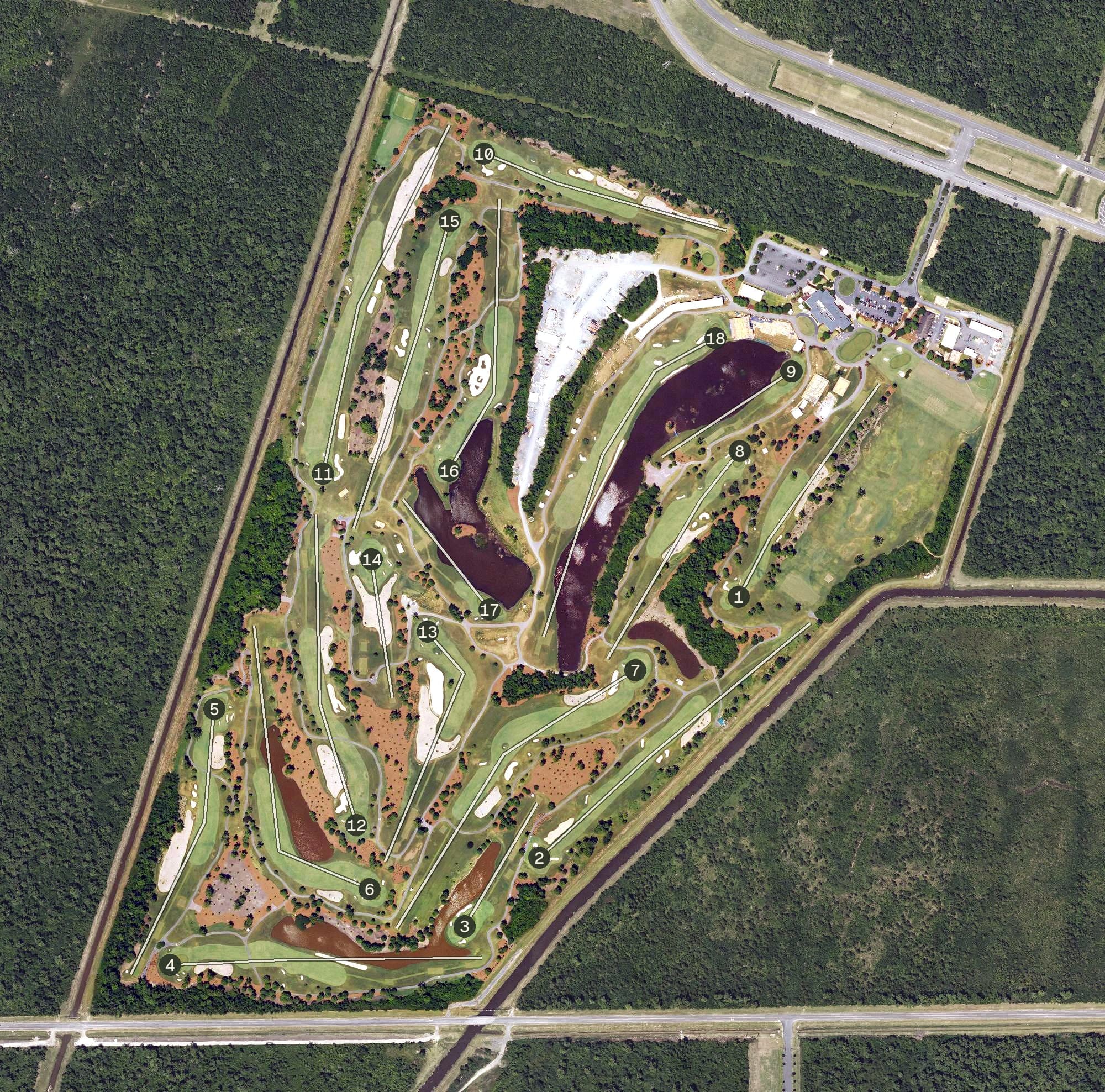 Aerial view of Tournament Players Club of Louisiana, LA, with its hole routing marked