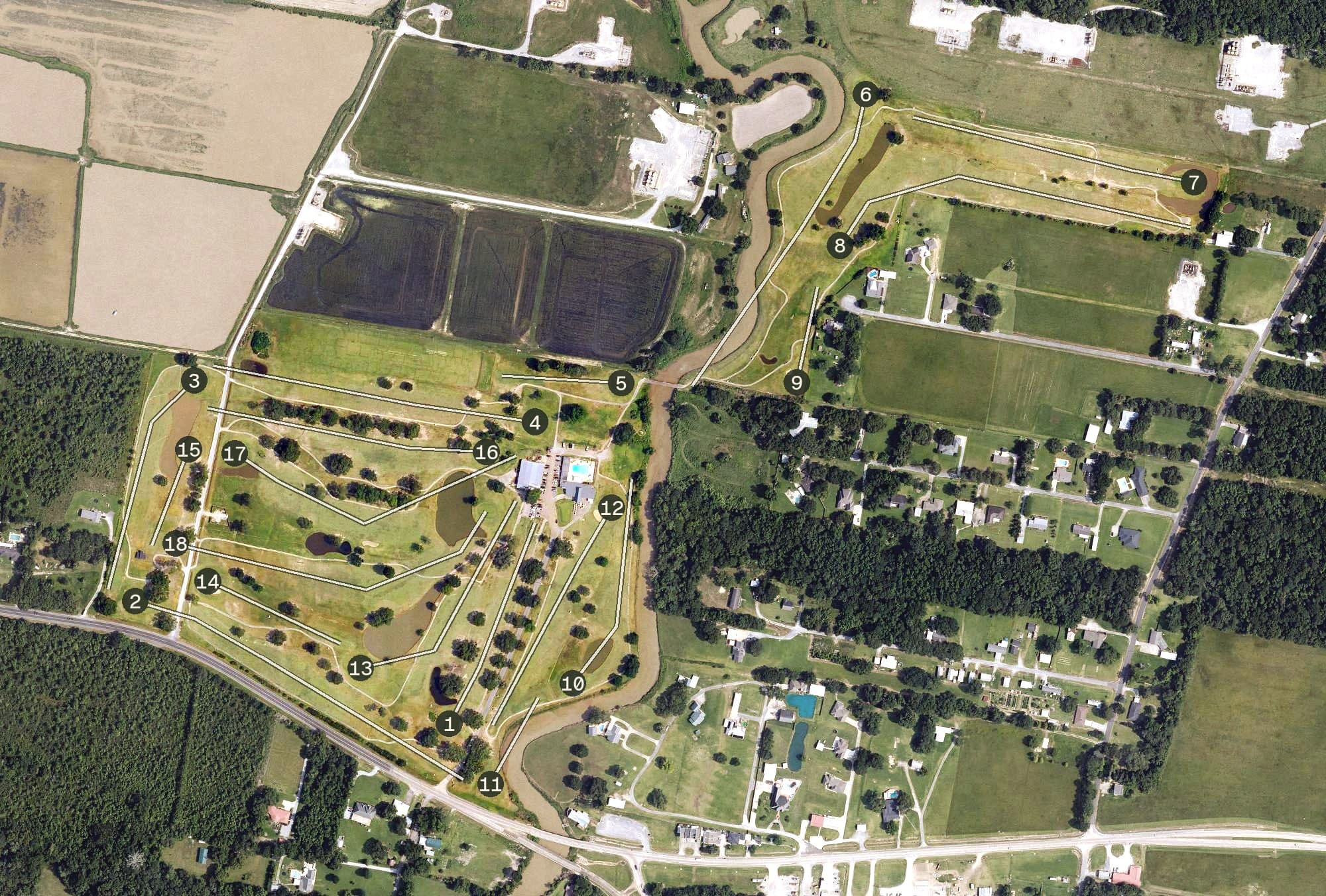 Aerial view of Vermilion Oaks Country Club, LA, with its hole routing marked