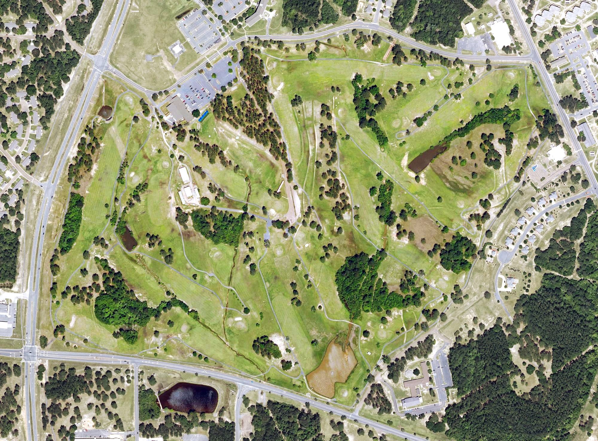 Aerial view of Warrior Hills Golf Course, LA, with its hole routing marked