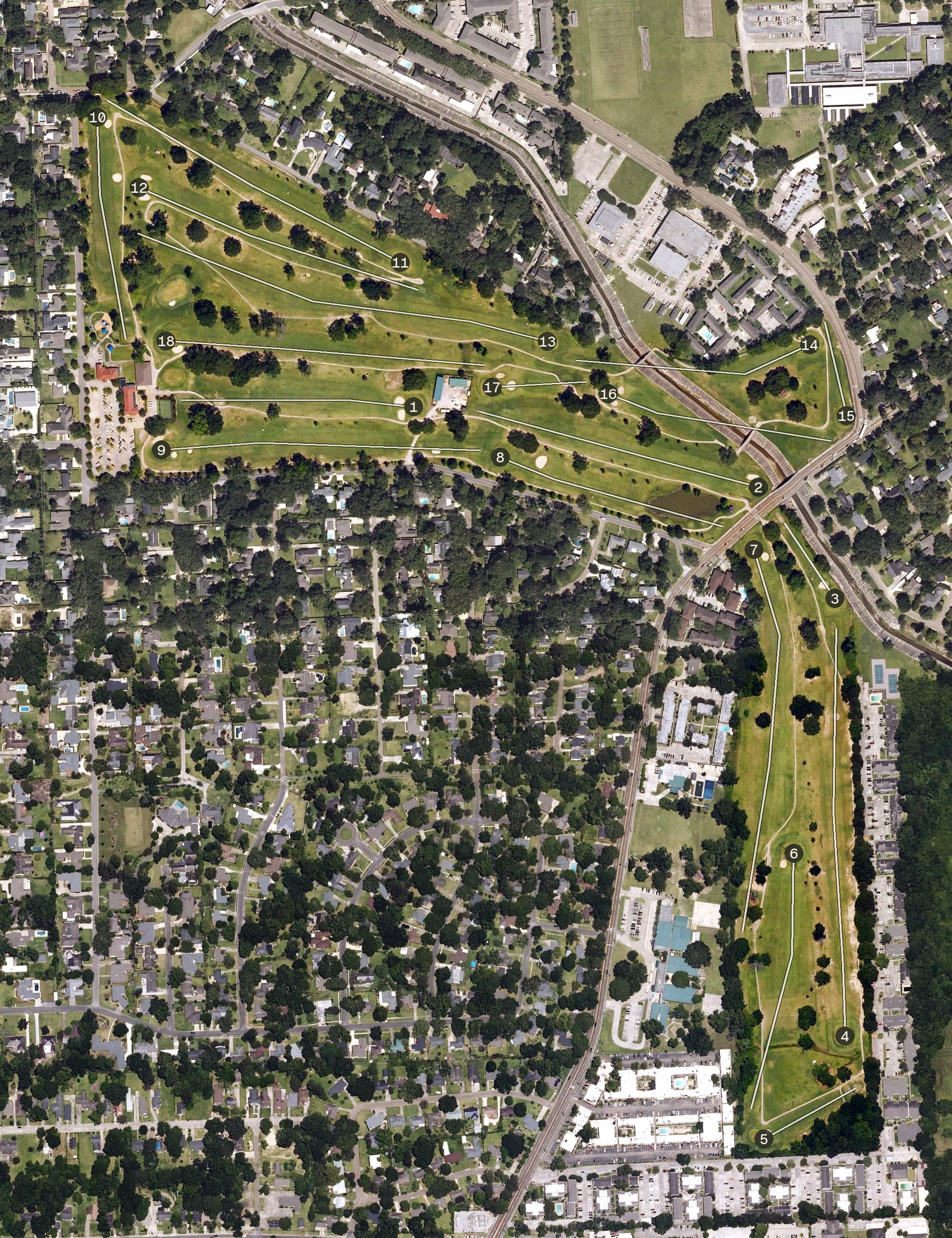 Aerial view of Webb Park Golf Course, LA, with its hole routing marked