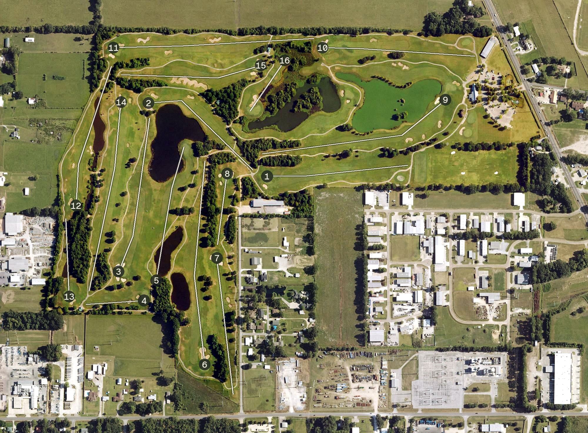 Aerial view of Wetlands Golf Course, LA, with its hole routing marked