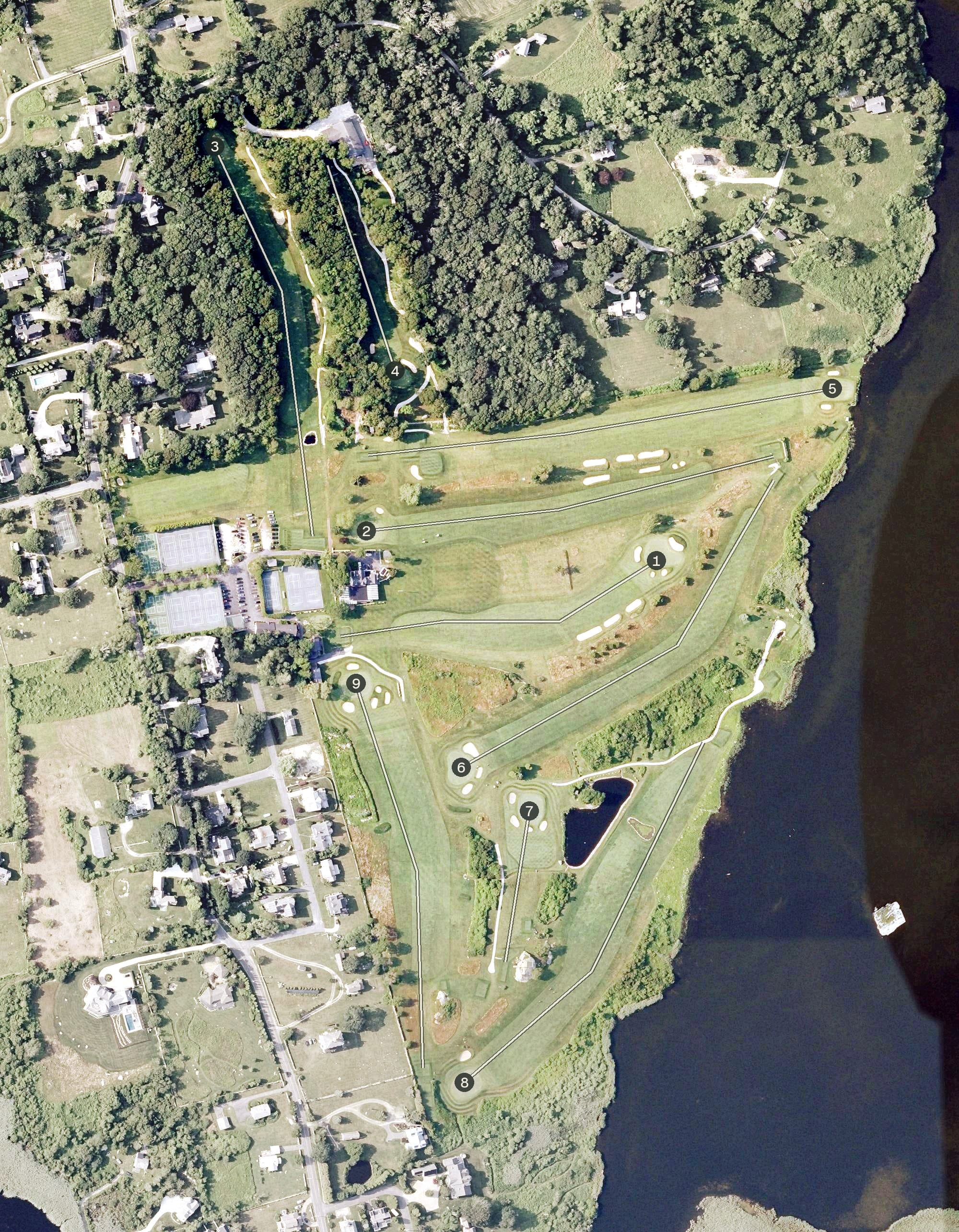 Aerial view of Acoaxet Club, MA, with its hole routing marked