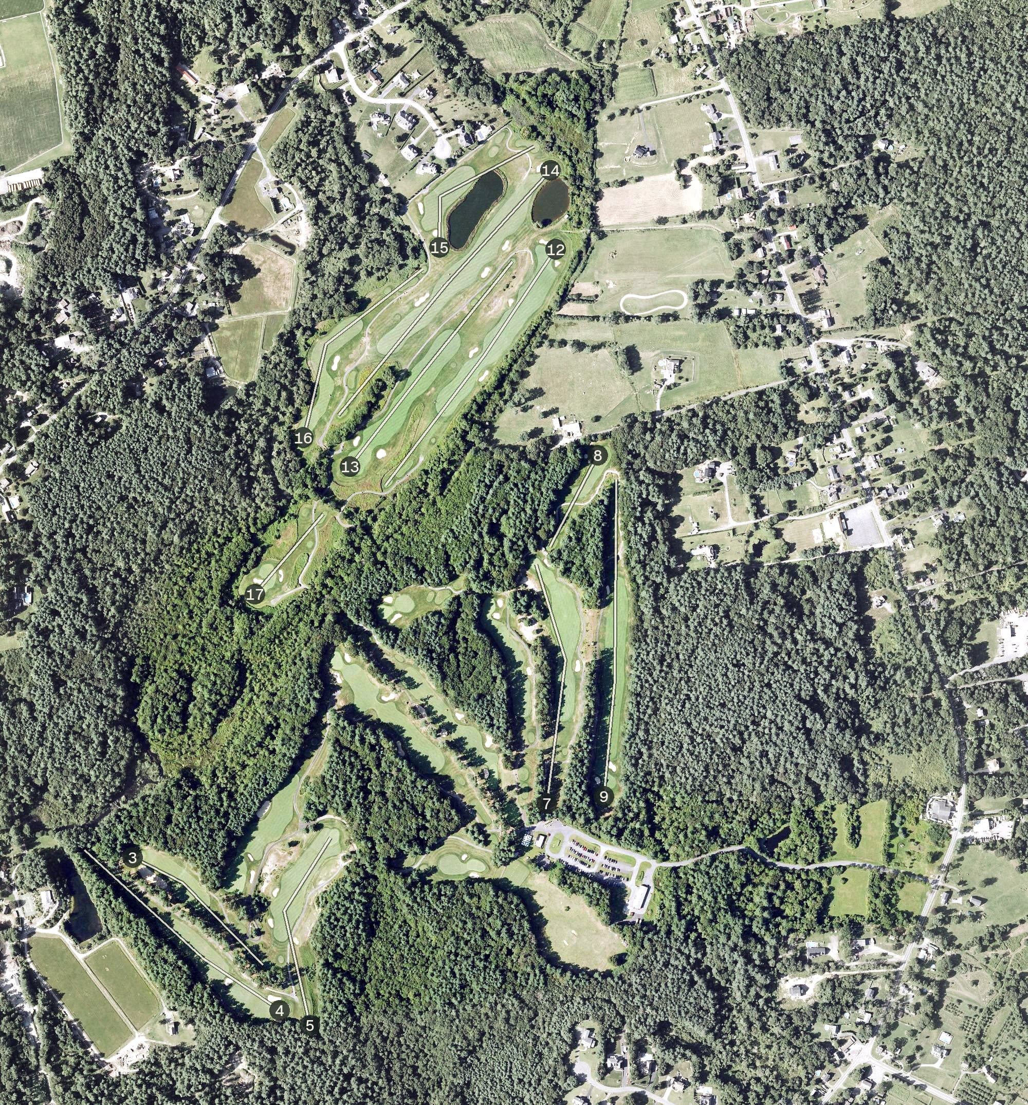 Aerial view of Acushnet River Valley Golf Course, MA, with its hole routing marked