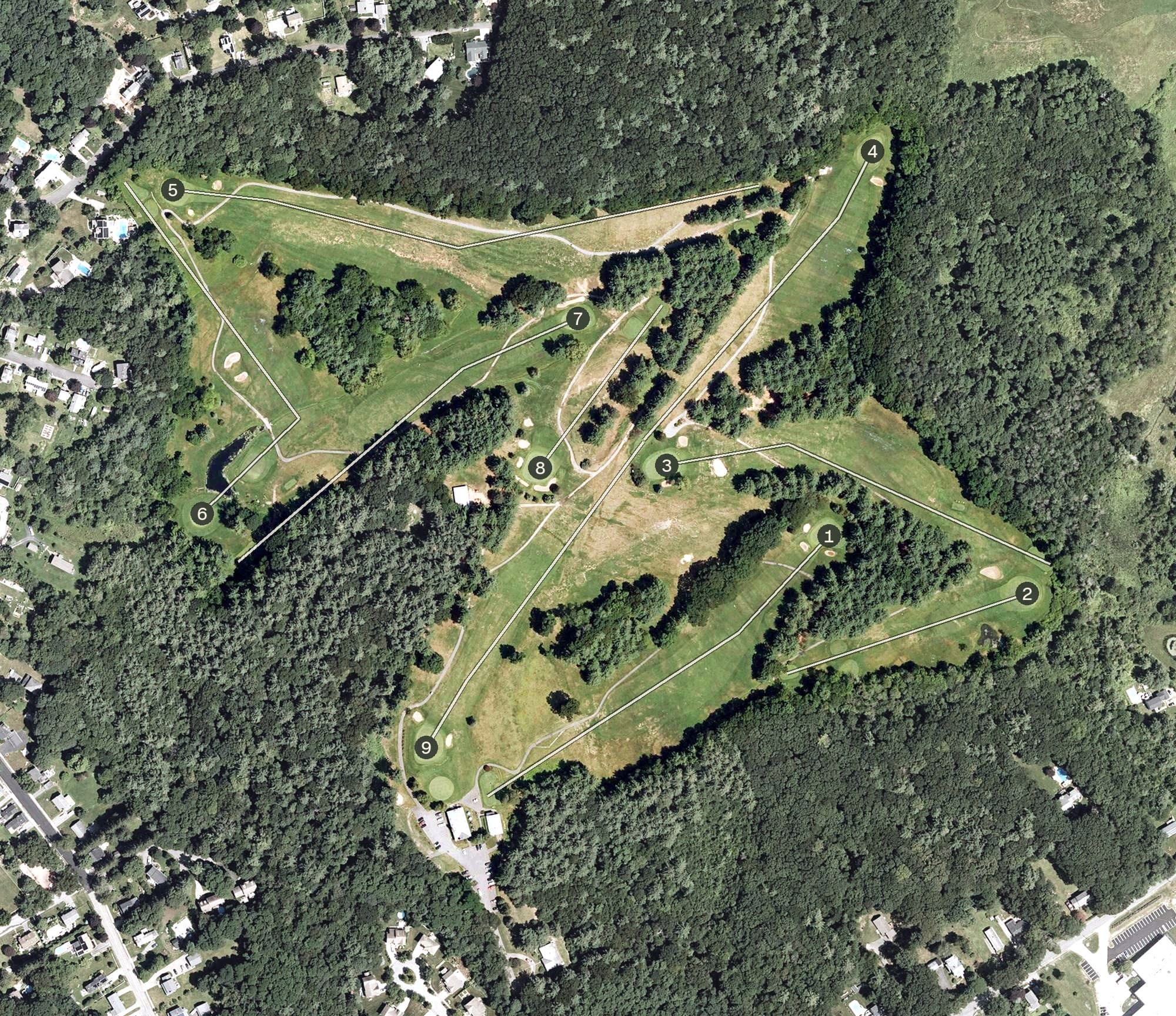 Aerial view of Amesbury Golf and Country Club, MA, with its hole routing marked