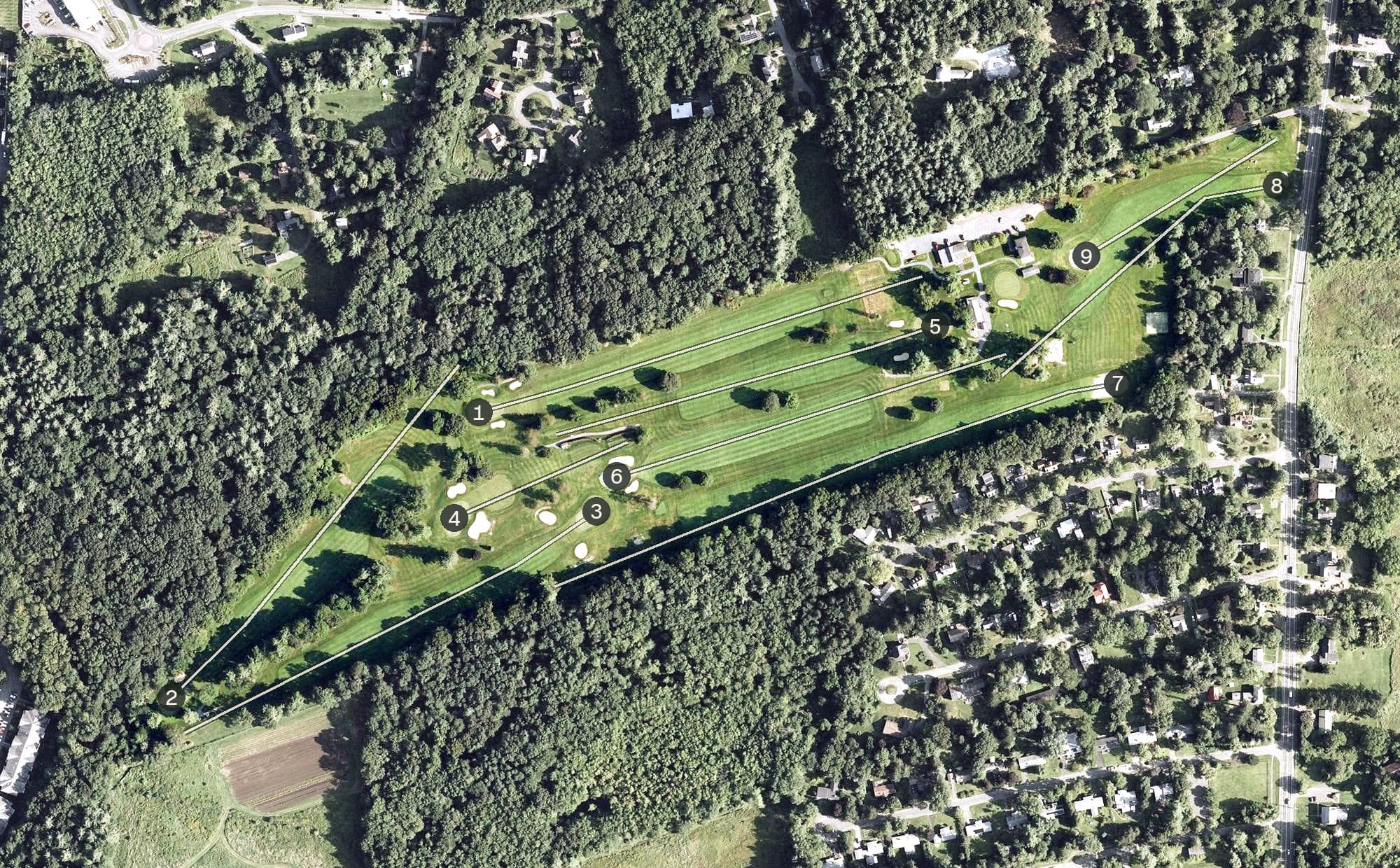 Aerial view of Amherst Golf Club, MA, with its hole routing marked