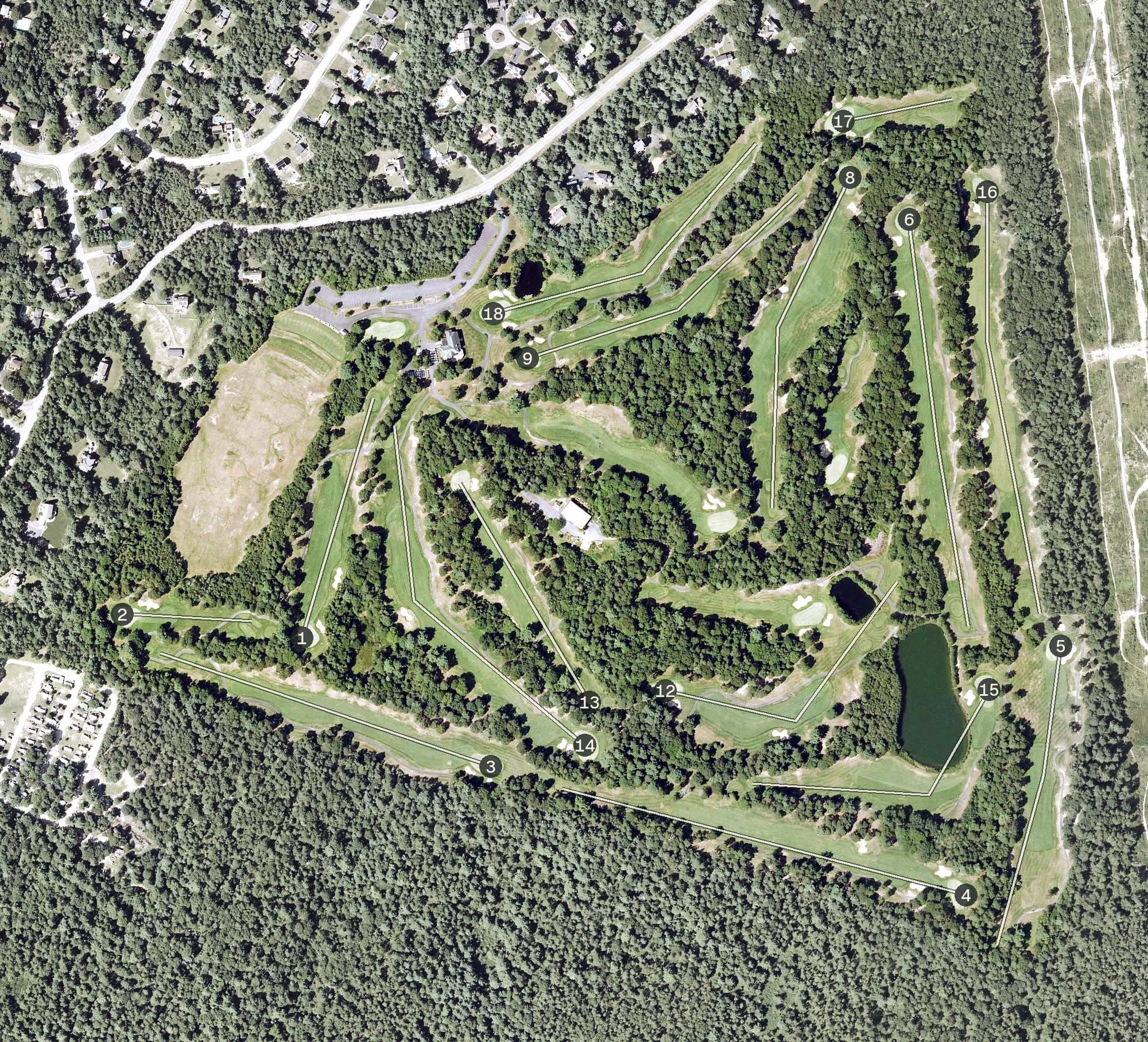 Aerial view of Atlantic Country Club, MA, with its hole routing marked