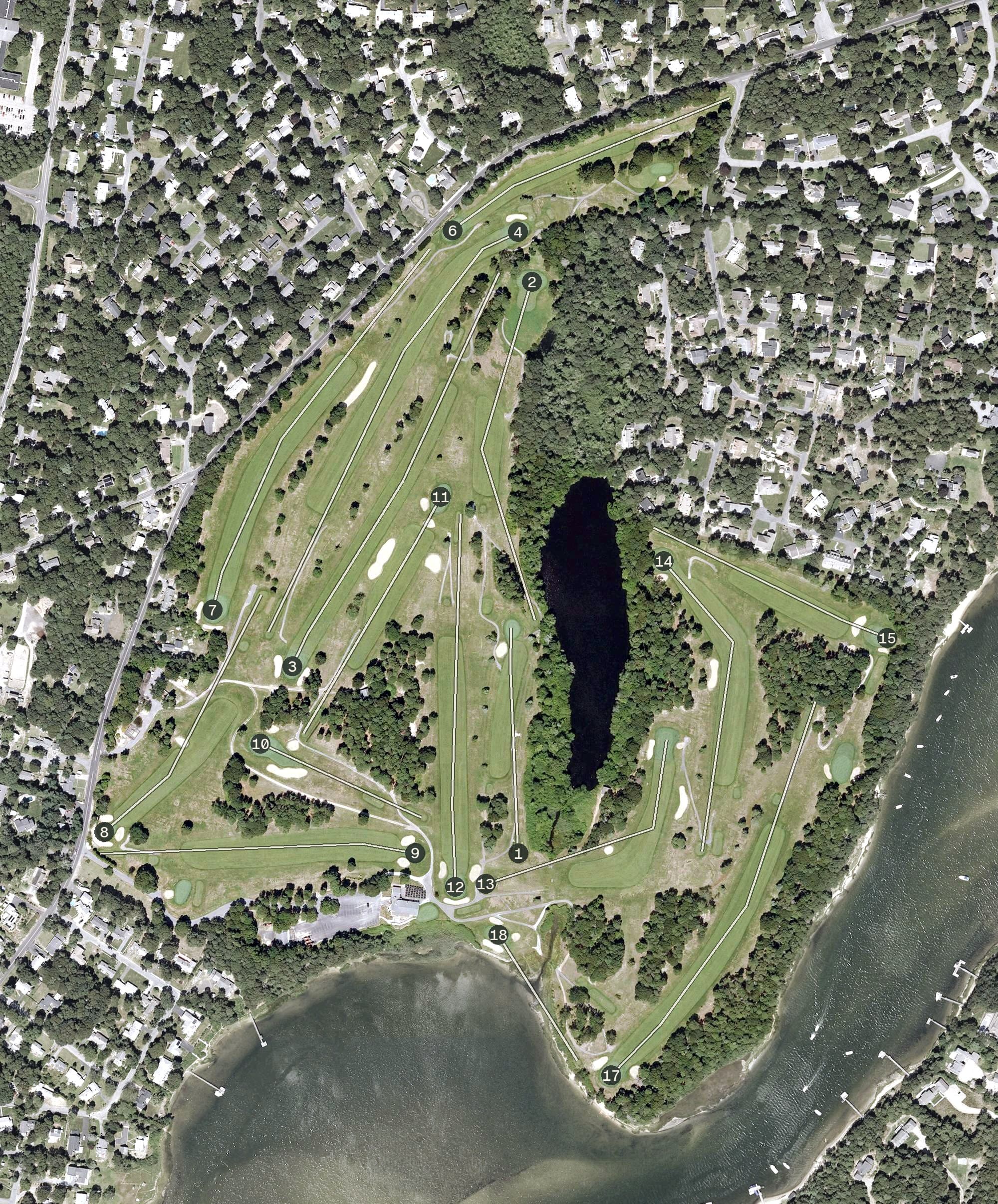 Aerial view of Bass River Golf Course, MA, with its hole routing marked