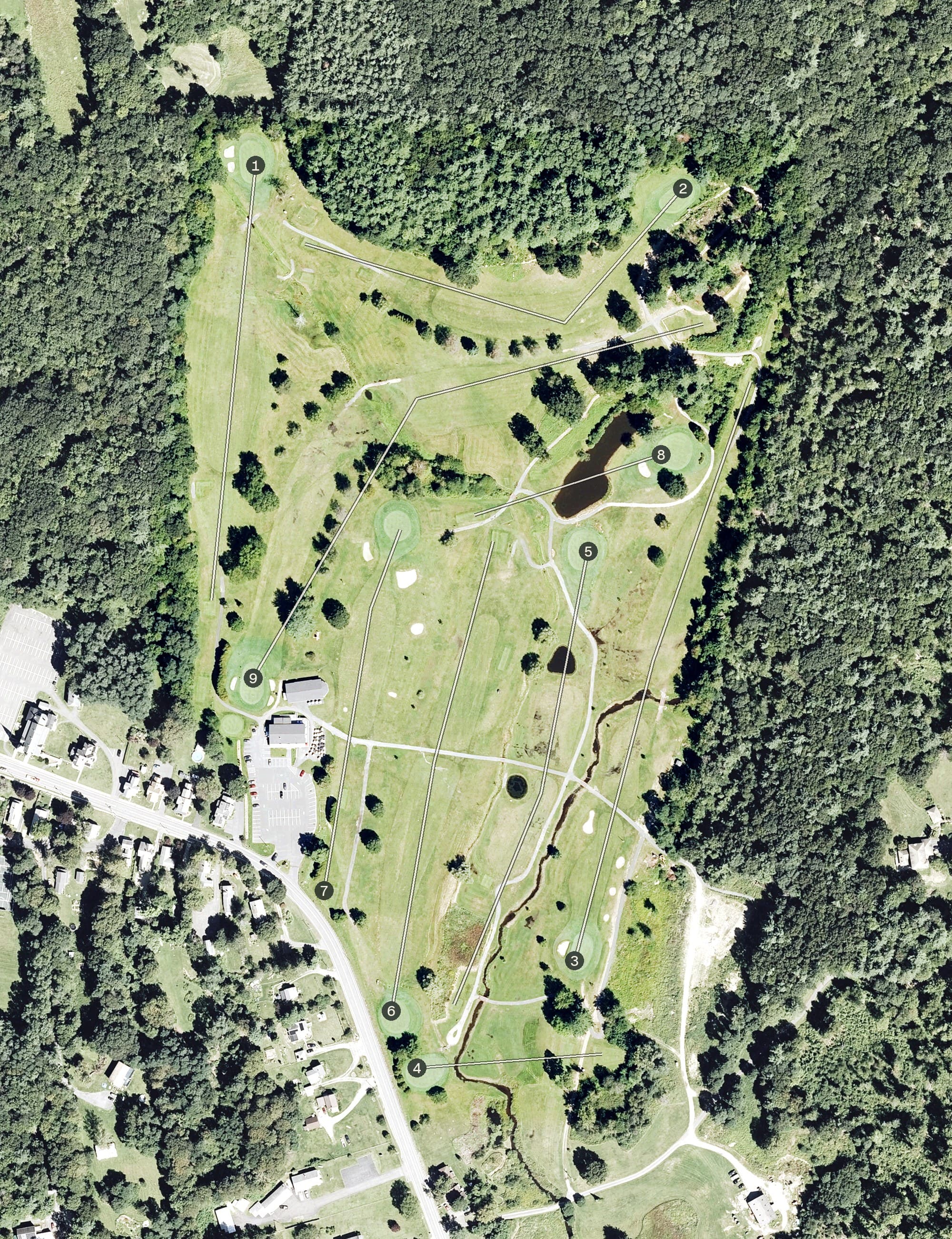 Aerial view of Beaver Brook Golf Course, MA, with its hole routing marked