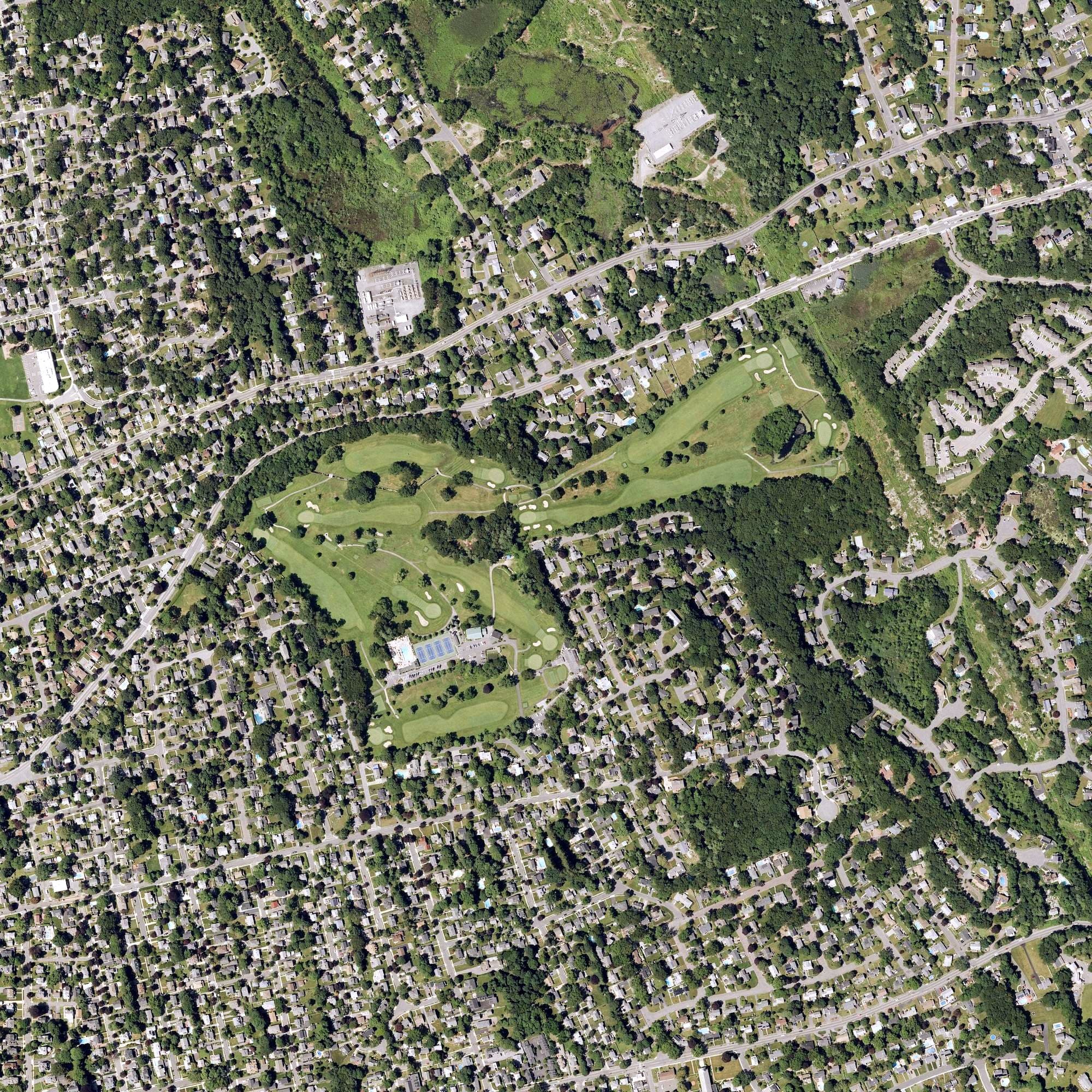 Aerial view of Bellevue Golf Club, MA, with its hole routing marked
