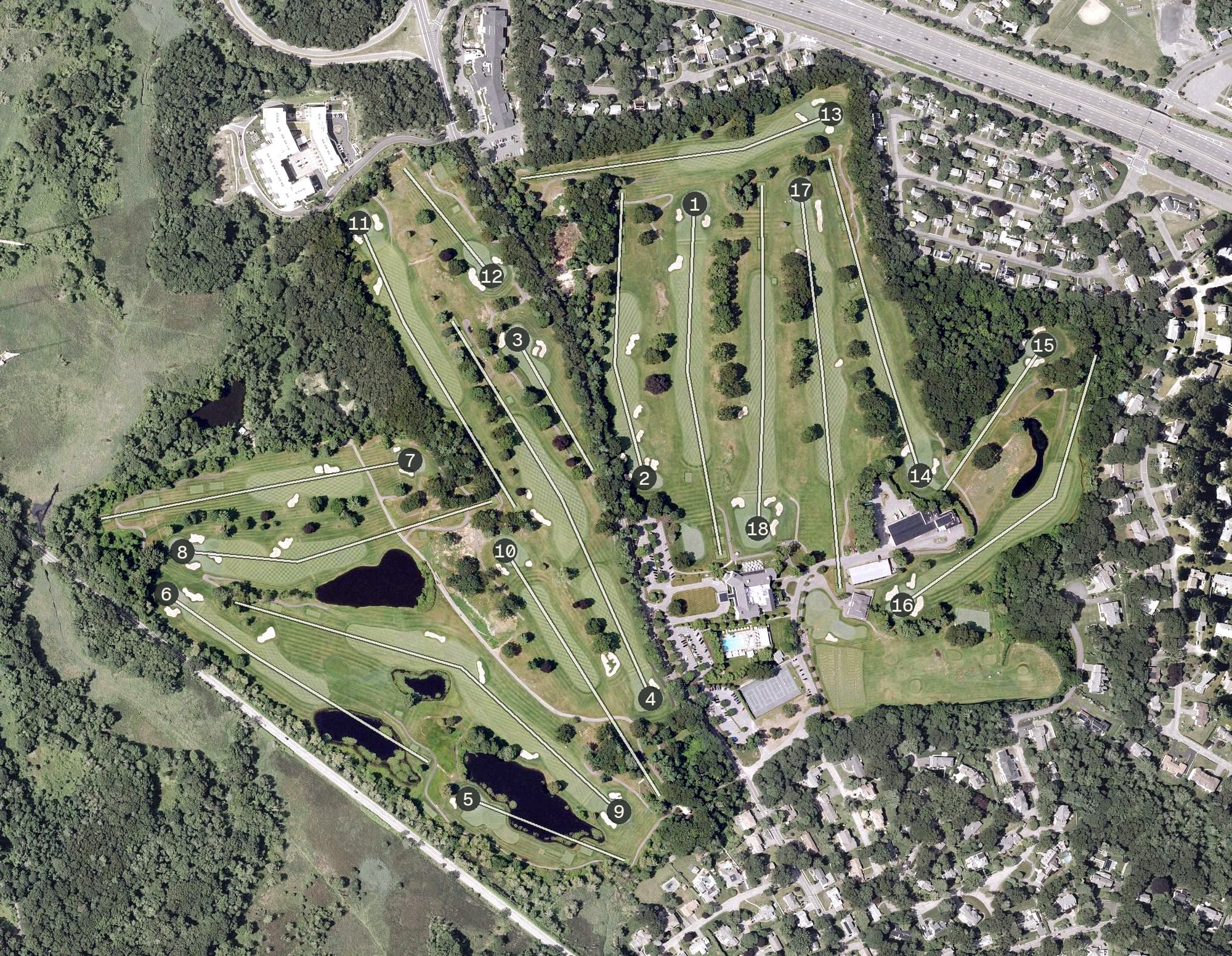 Aerial view of Belmont Country Club, MA, with its hole routing marked